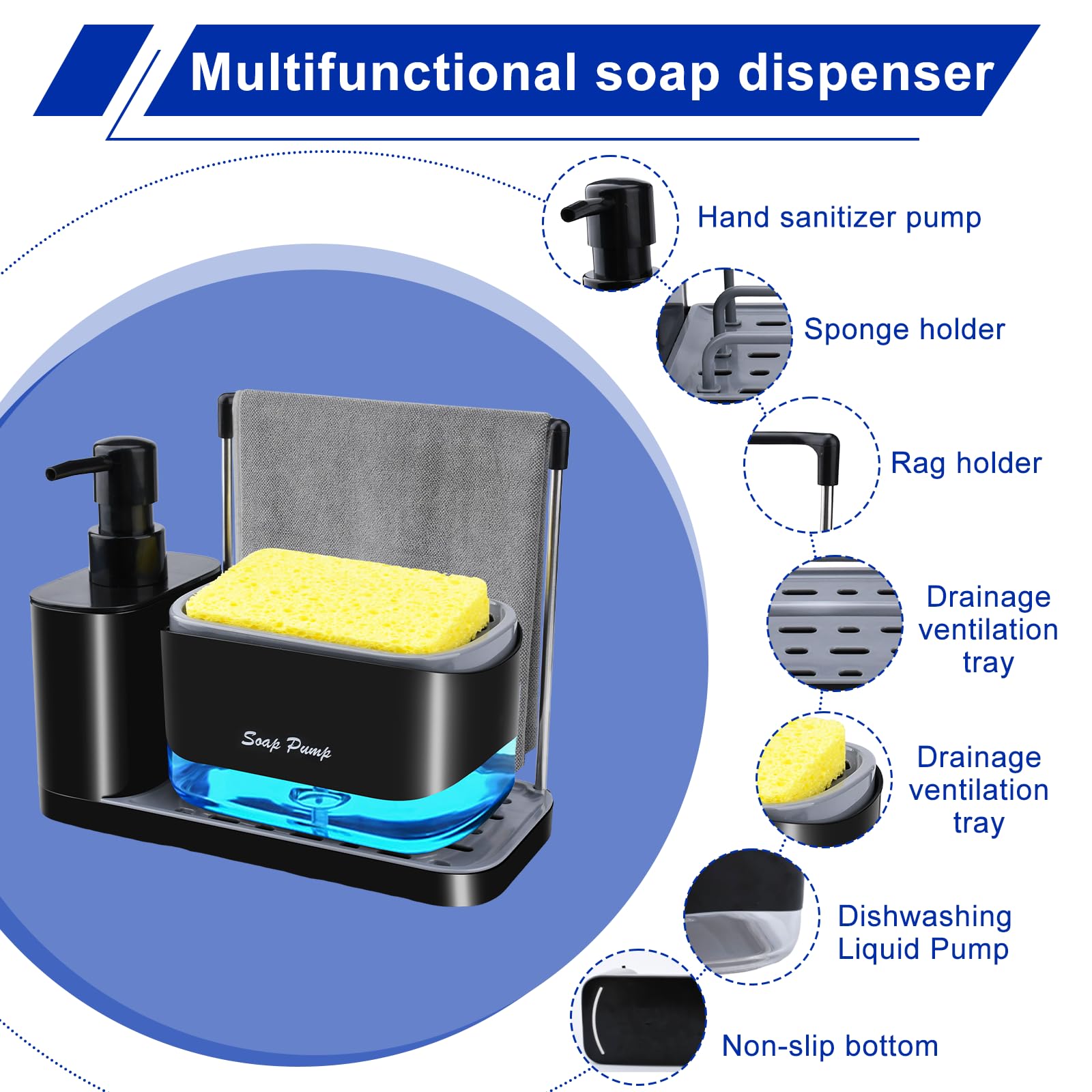 Jabonera Cocina 2 en 1,Dispensador de Jabón y Organizador Fregadero con Bandeja Antideslizante,Estante para Trapos,Soporte para Esponja y Dispensador,Ideal para Lavar Manos y Platos