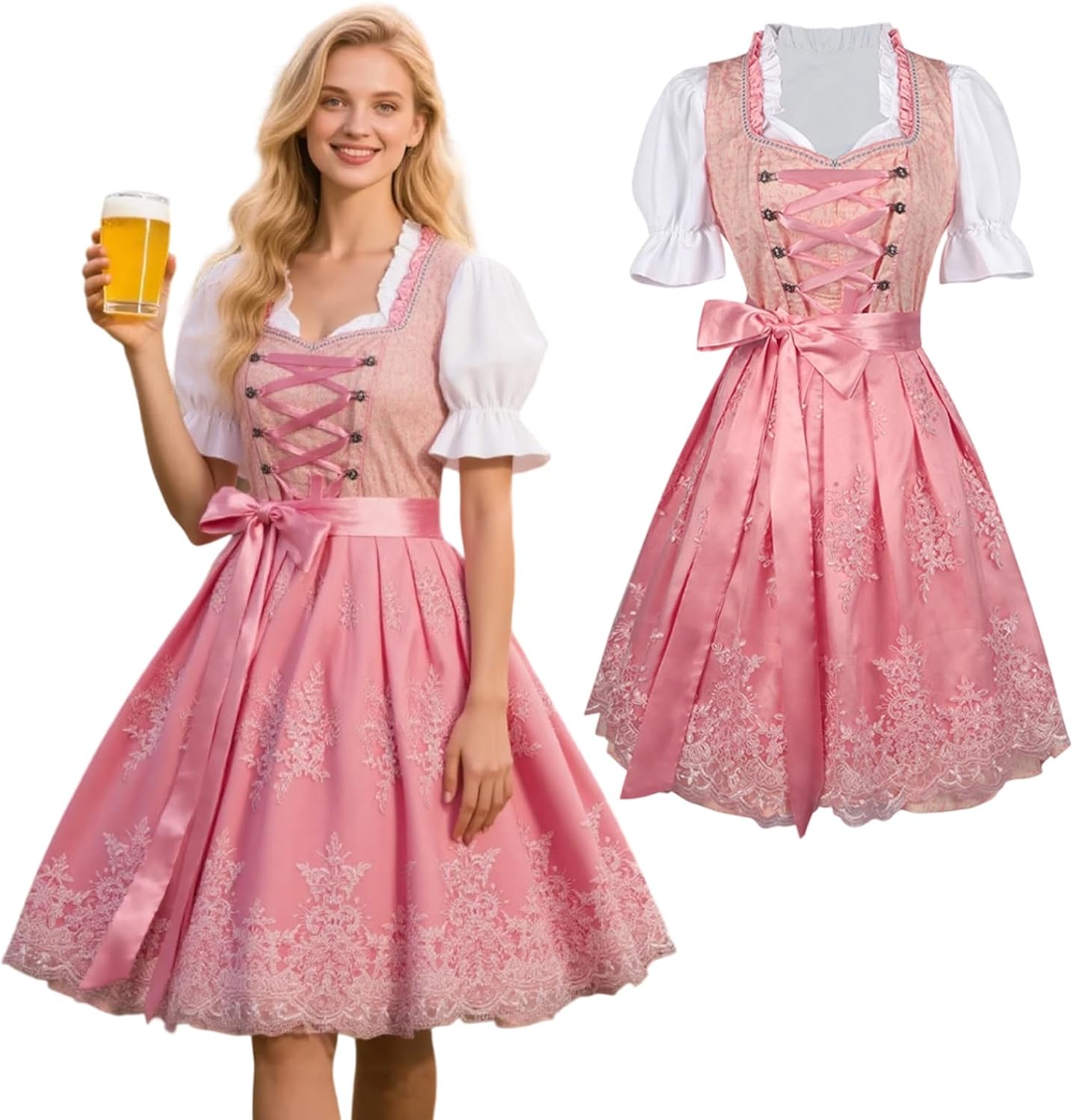 Dirndl Damen Set 3-teilig - Grau Rosa Blau Schwarz Für Oktoberfest & Trachtenfeste
