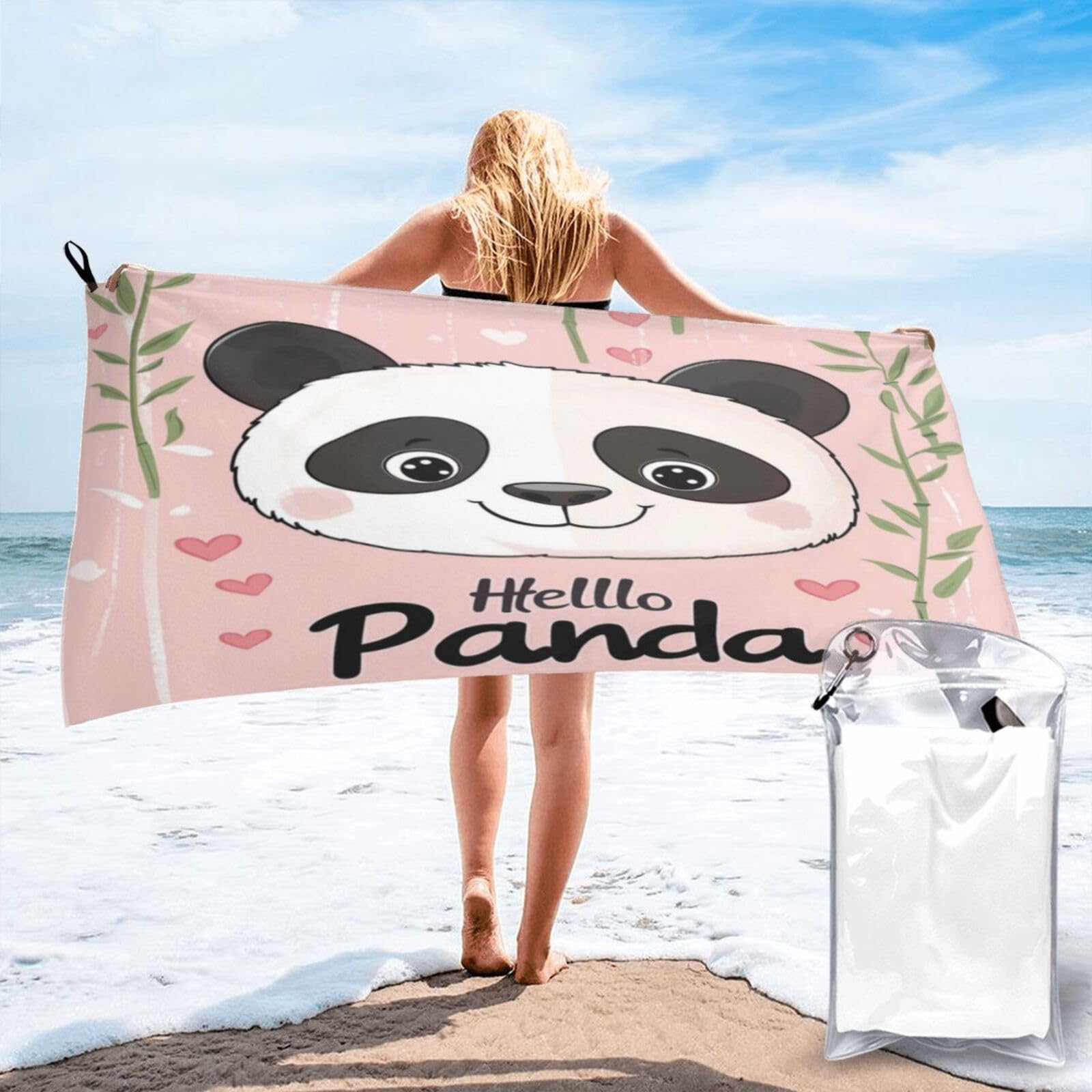 Anceky Cute Cartoon Panda Head Greeting Quick Dry Microfiber Travel Towel with Carry Case and Carabiner 27.5"X55"