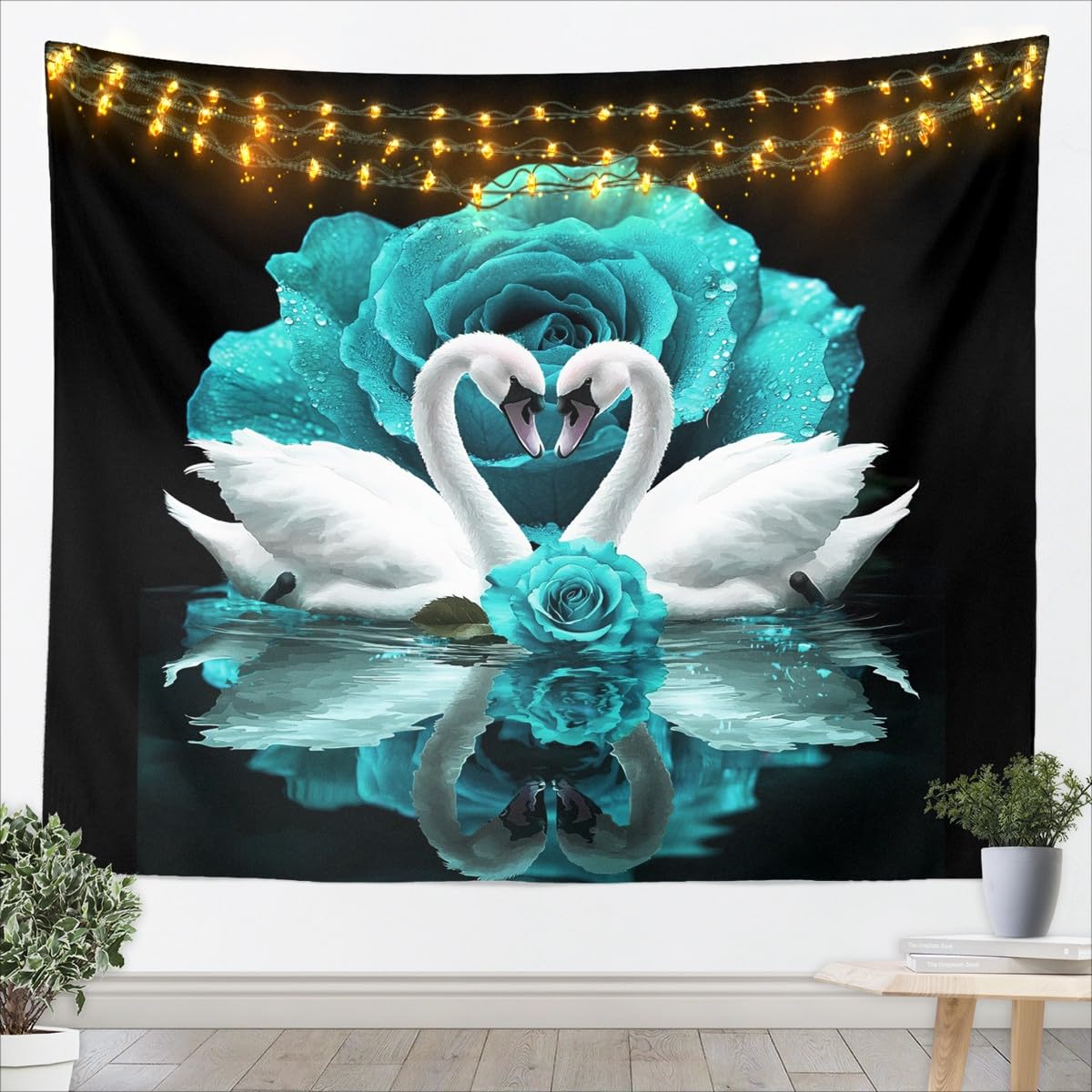 Teal Rose Wall Tapestry White Swan Tapestry Birds Tapestries,Romantic Flowers Hanging Wall Art Small 51x59,Wildlife Rustic Home Decor Wild Animals