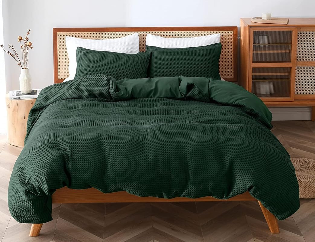 3-Piece Linen Cotton Mix Duvet Cover Set (88x90 in) - Dark Green Queen Duvet Cover Set with Standard Shams - Pre-Washed, Handmade - Chic Home Decor
