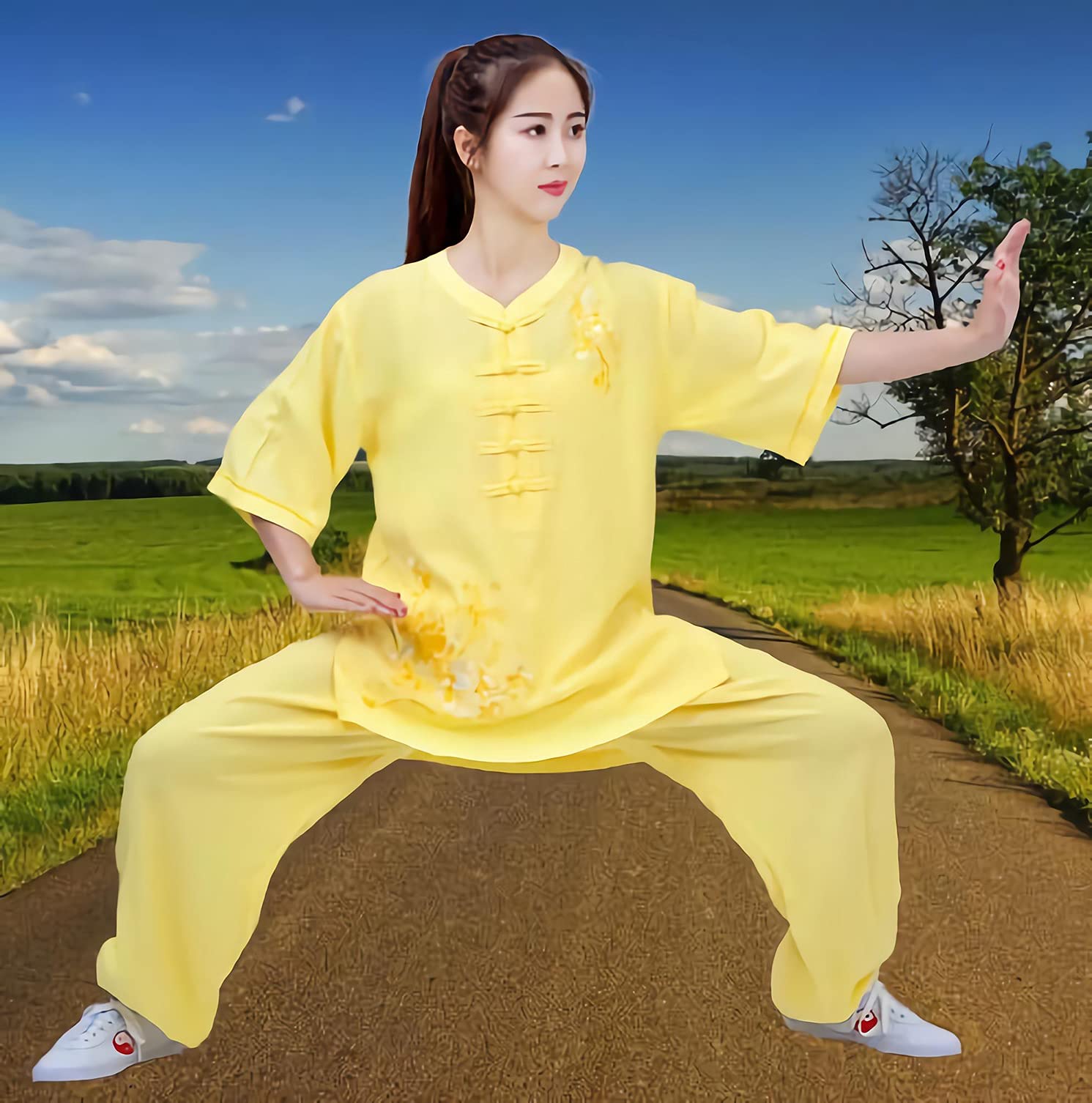 Abbigliamento Qigong Donna Estate Elegante Manica corta Lino estivo Lino di cotone Abito Tai Chi Lanterna Tai Chi Abbigliamento Tai Chi Abbigliamento da allenamento ricamato Blu-XXL (Rosa XXL) (Giallo