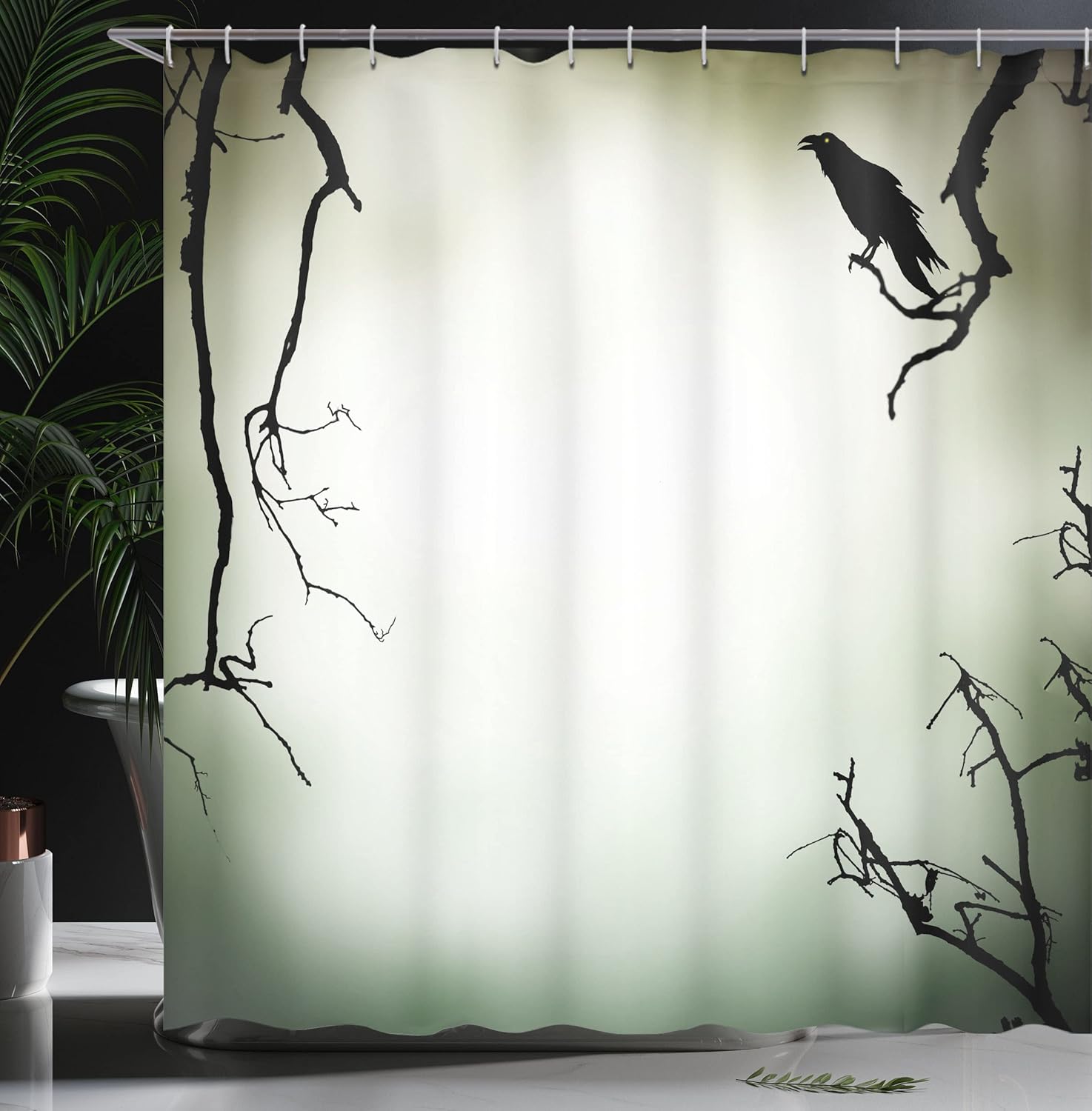 Ambesonne Horror House Shower Curtain, Crow Bird on Leafless Branch Cemetery Death Spirit Animal Evil Raven Funeral, Cloth Fabric Bathroom Decor Set with Hooks, 69" W x 70" L, Sepia Black