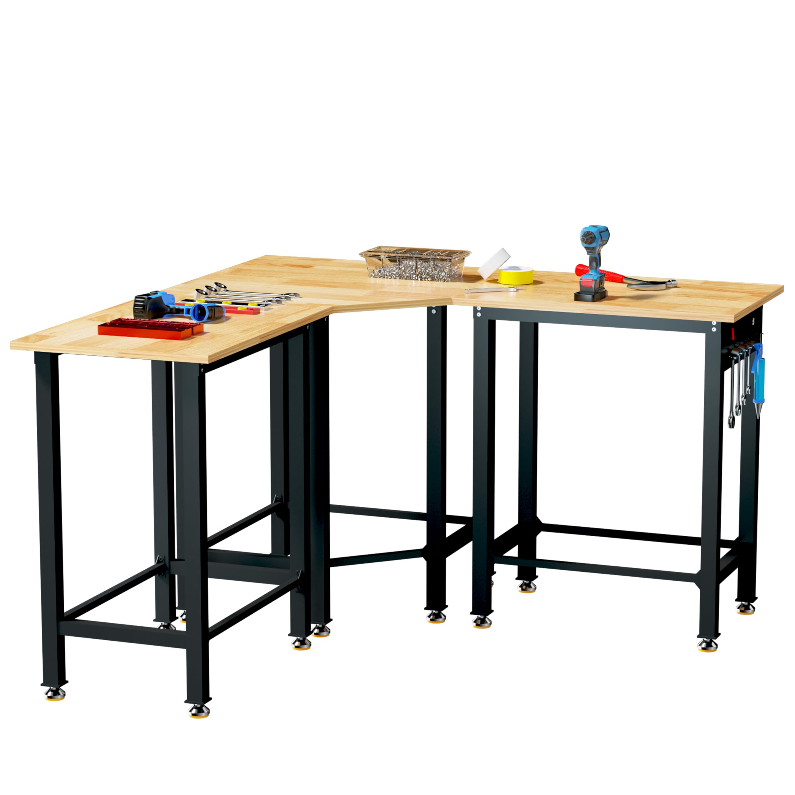 Betterhood 48"/60" Heavy-Duty Adjustable Workbench for Garage, Rubber Wood Shop Table,Hardwood Workstation Weight Capacity Over 1500 Lbs (Rubber Pad/Power Outlets/Ruler/63 x21.7 x35.8)
