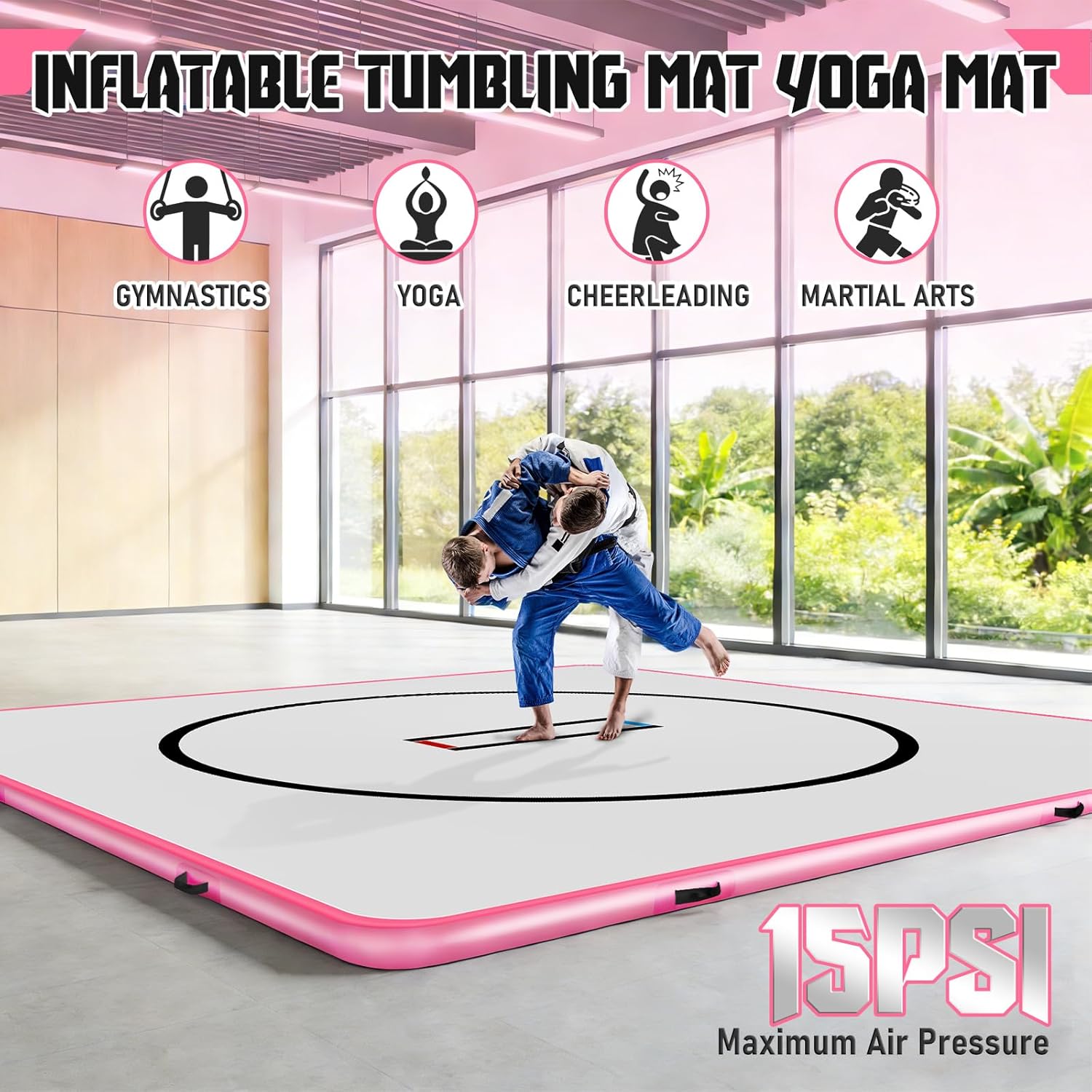 Wrestling Mat 10x10ft, 4" BJJ Mats, PVC Inflatable Air Tumble Mat, with Electric Air Pump & Storage Bag, Gymnastics Equipment for Jiu Jitsu, MMA Boxing, Training, Cheerleading, Yoga (Pink)
