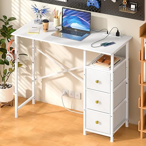 Miniatura 8 de Escritorio pequeño para computadora de 35.4 pulgadas con 3 cajones de tela y toma de corriente, escritorio de oficina en casa para espacios