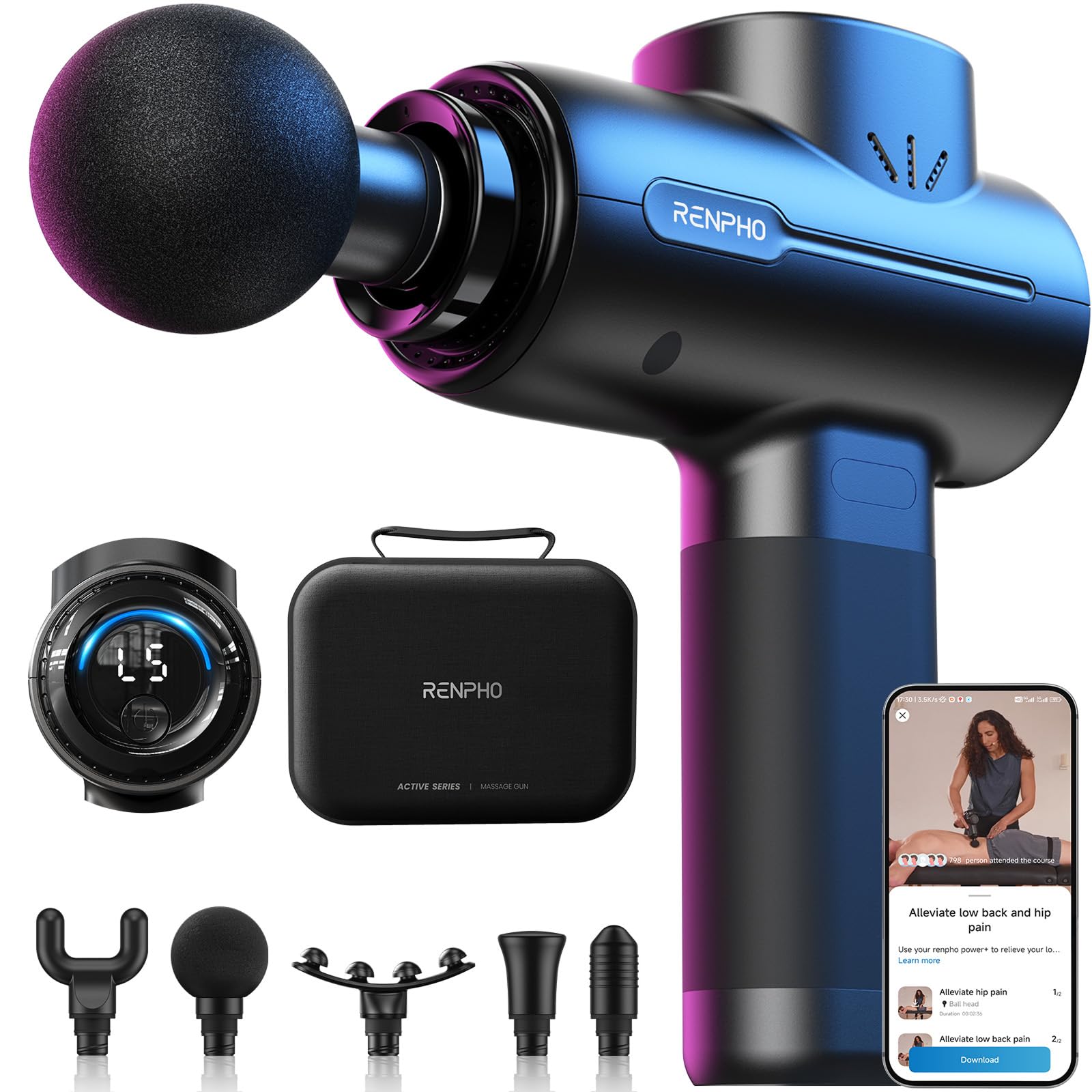 RENPHOMassage Gun Deep Tissue, Portable Percussion Muscle Massager with Bluetooth, Handheld Device for Back and Neck, Carry Case, Gifts for Men and Women