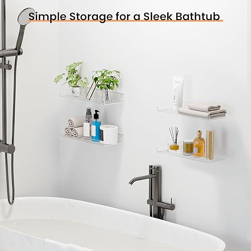Miniatura 4 de upsimples Paquete de 4 estantes de baño acrílicos de 15 x 6 pulgadas para pared, estantes flotantes de baño sobre el inodoro, estante de