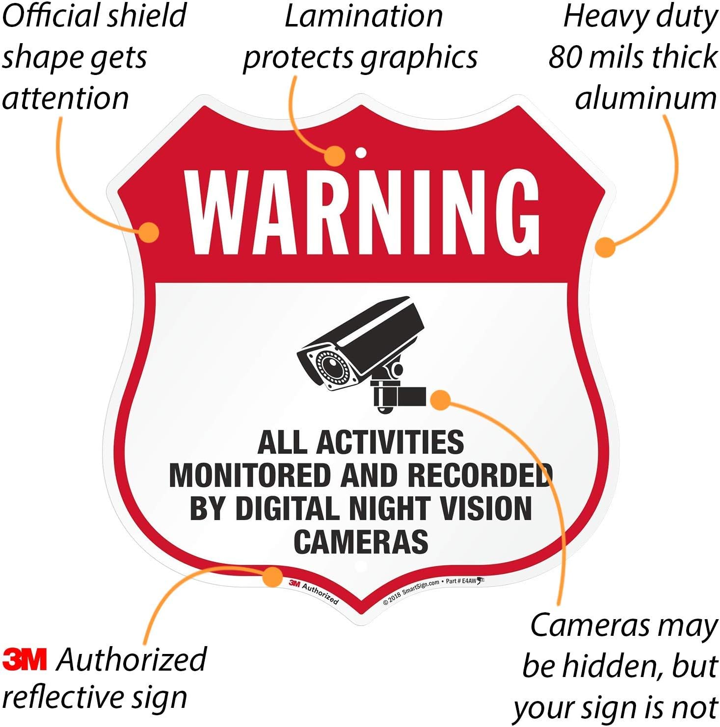 SmartSign "Warning - All Activities Monitored and Recorded by Digital Night Vision Cameras" Sign | 18" x 17.5" 3M Engineer Grade Reflective Aluminum, Made in USA