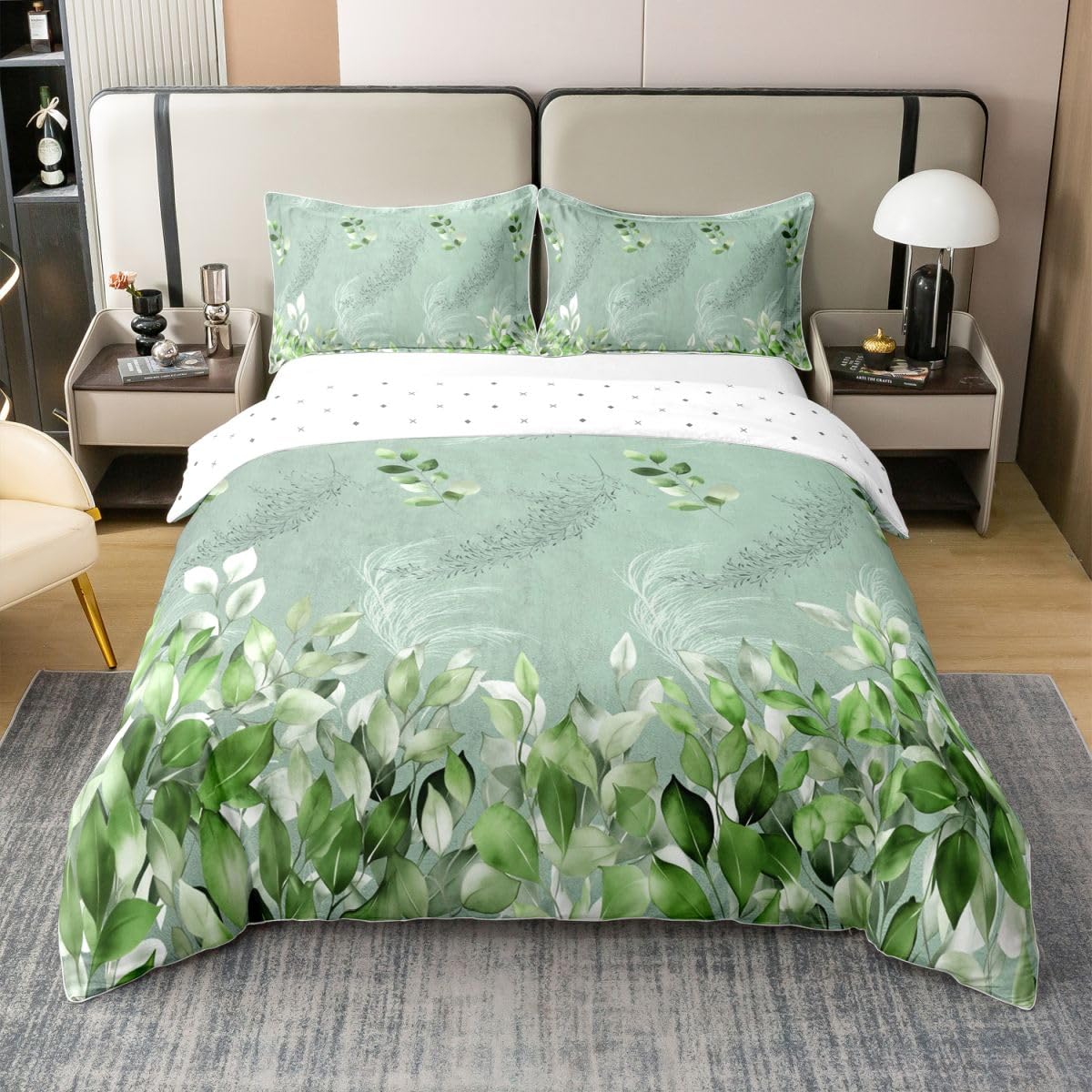 Homewish Szałwia zielona botaniczna kwiatowa królewska poszewka na kołdrę minimalistyczny gradient liście bawełna zestaw pościeli dom botaniczny roślina poszewka na kołdrę eleganckie zielone kwiaty