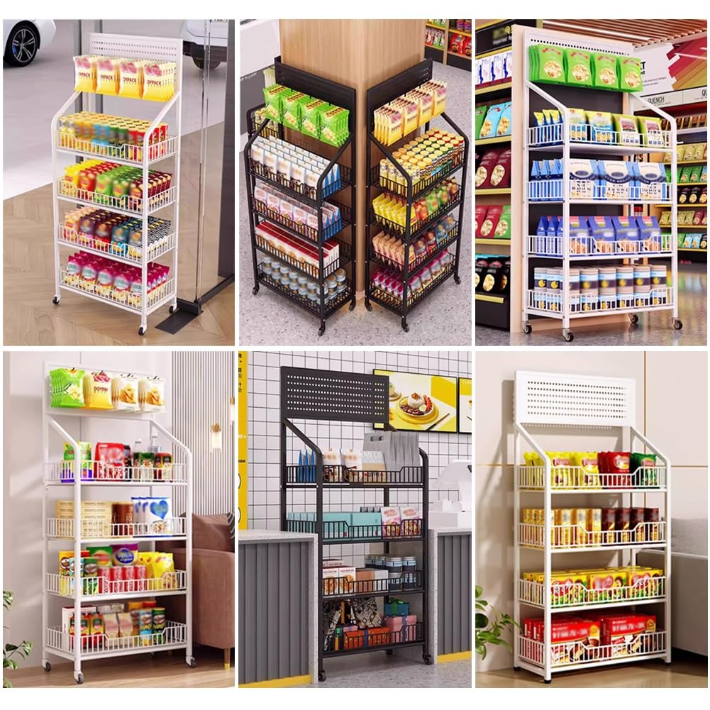 Regał sprzedażowy, 5-poziomowy, metalowy regał na przekąski z 12 haczykami i 4 rolkami – uniwersalny organizer do supermarketów do sklepów detalicznych, czarny regał na przekąski do praktycznej