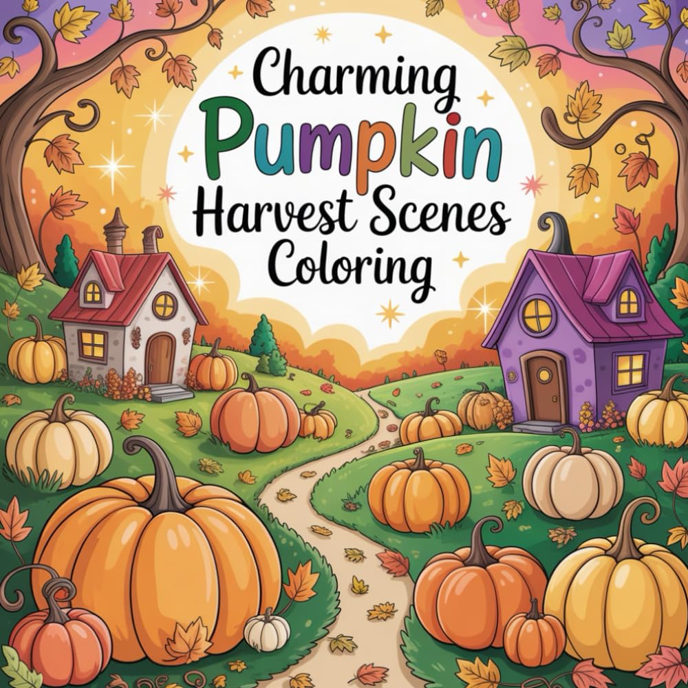 Charming Pumpkin Harvest Scenes Coloring: cute coloring book for kids, coloring book for adults, kawaii coloring book, Coloring Book for Adults and Kids, Bold and Easy, festive autumn motifs