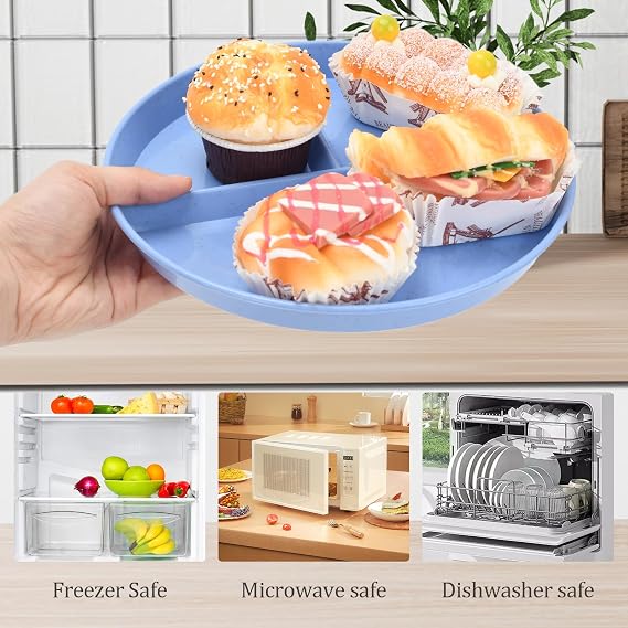 8-Pack 9 Inch Divided Plates - BPA-Free Portion Control Dinner Plate with 3 Sections for Balanced Meals - Microwave & Dishwasher Safe, Unbreakable Plastic Plates for Home, Camping, Parties