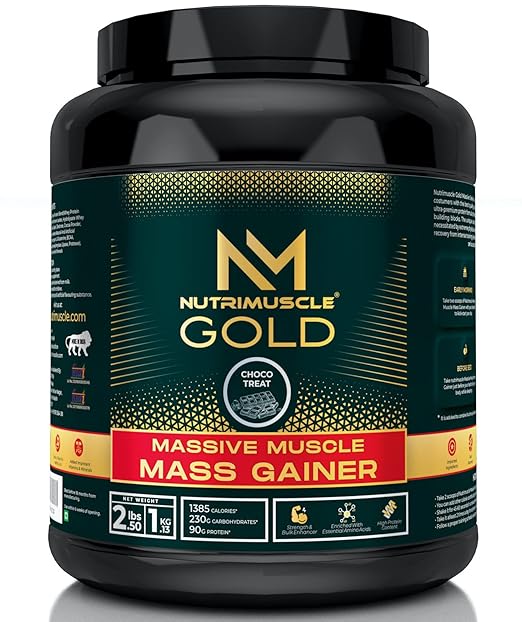 Nutrimuscle Massive Gold Muscle Mass Gainer - 2.5 Lbs - 1.134 Kgs Choco Treat | Weight Gainer | Contains Complex Carbohydrates, Bcaa, Digestive Enzymes & Essential Vitamins & Minerals | Made in India