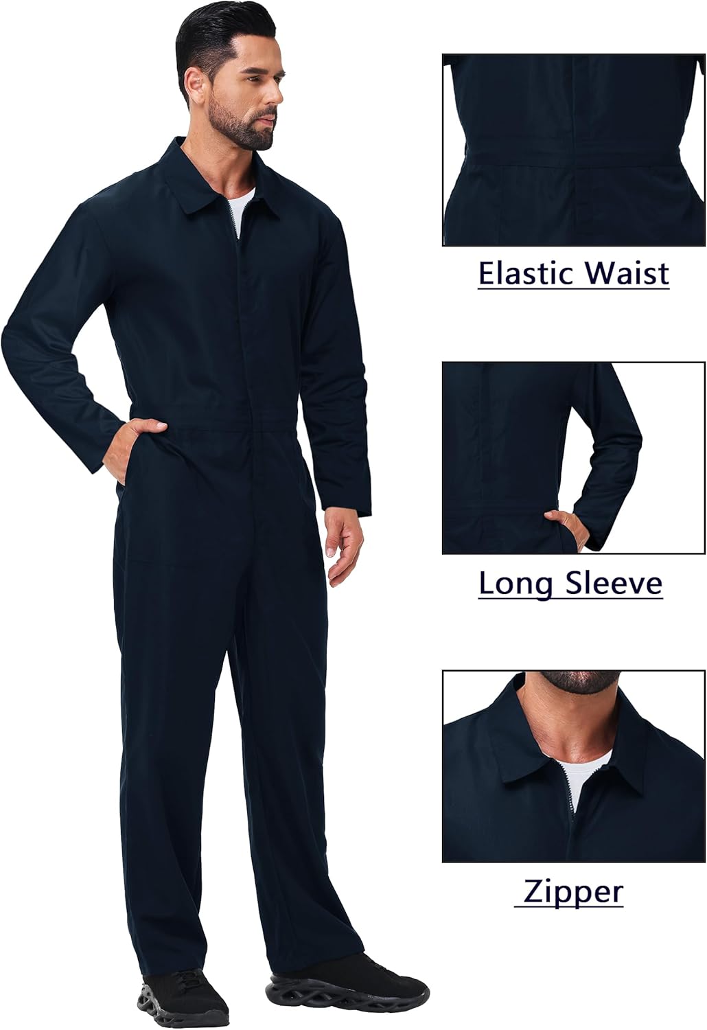 Men's Halloween Long Sleeve Zipper Jumpsuit Mechanic Work Costume Solid Color Coveralls - Image 3