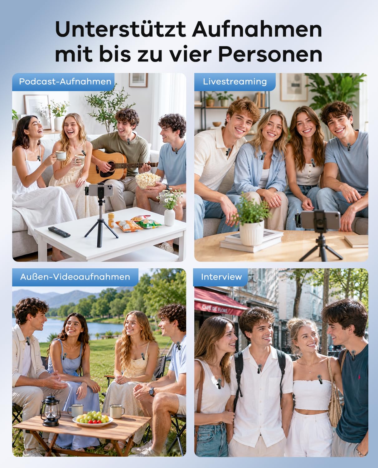 4er-Set kabelloses Lavalier Mikrofon für iPhone und Android-Handy | Mini Ansteckmikrofon mit Rauschunterdrückung für Kamera, Computer, YouTube, TikTok, Vlog, Podcasts und Live-Streaming