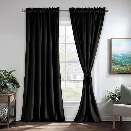 JIUZHEN Cortinas opacas de terciopelo negro de 84 pulgadas para sala de estar, cortinas opacas con aislamiento térmico y bolsillo para barra, juego