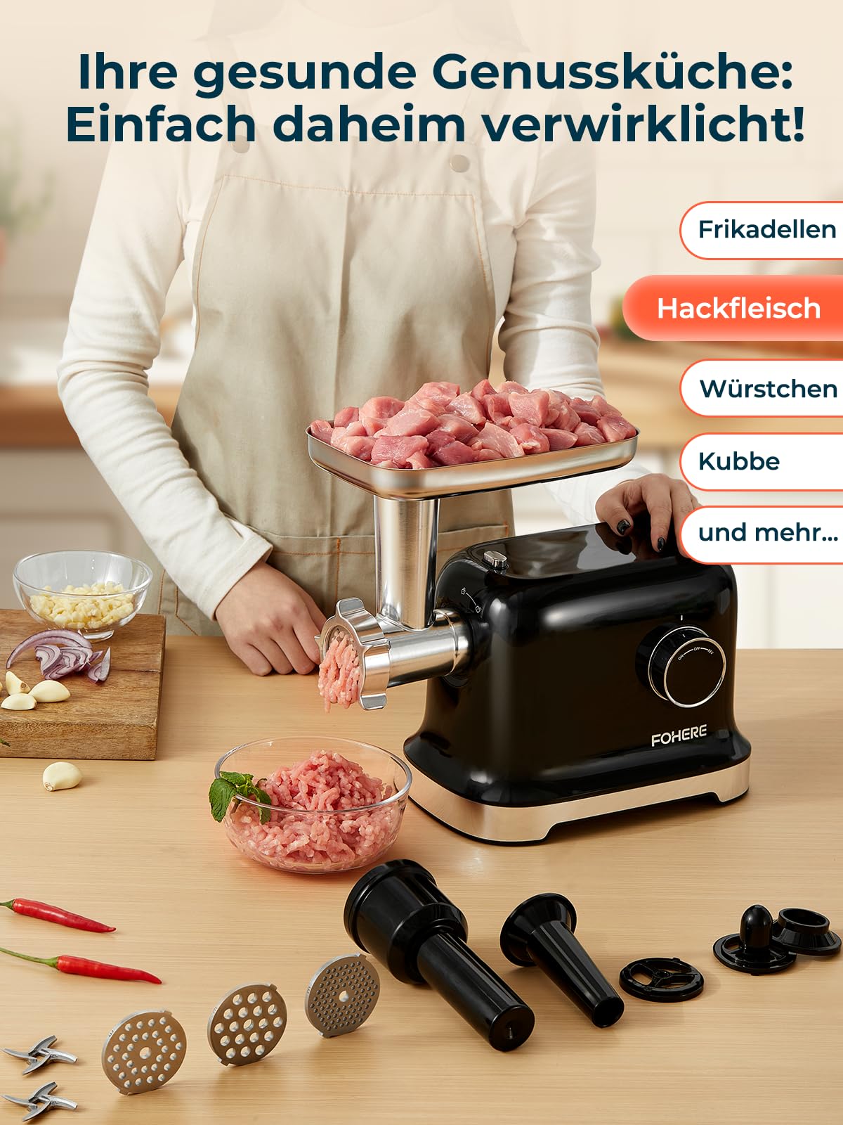 FOHERE Fleischwolf Elektrisch, 2000W Gleichstrommotor Fleischwolf mit 2 Schneidklinge, 3 Schneidplatte (7MM/5MM/3MM), Wurst-Rohr, Kubbe-Formgerät, Hocheffizienter Fleischwolf für den Hausgebrauch