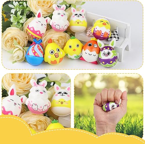 Miniatura 5 de Anboor Juego de 12 huevos de Pascua Squishies, bolas de estrés de conejito para búsqueda de huevos de Pascua, suministros de cesta de Pascua,
