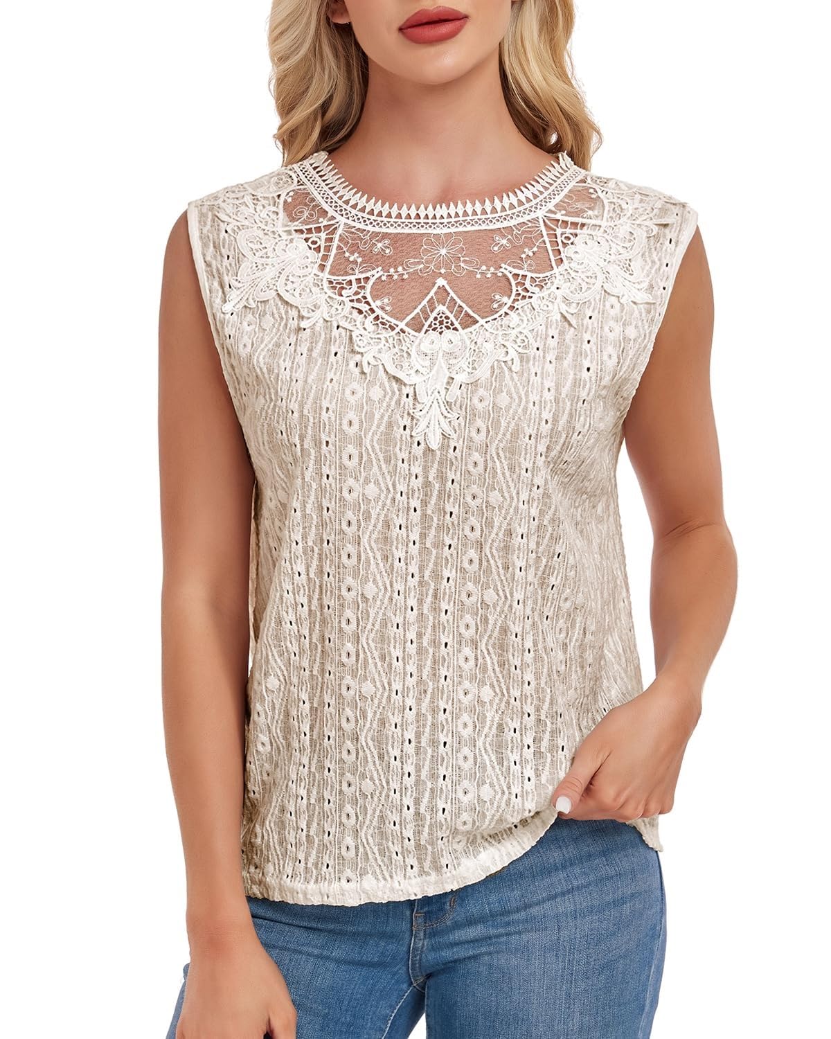 Canotte a Tunica con Buco della Serratura sul Retro Senza Maniche da Donna, Camicette Casual in Pizzo(Apricot,S)