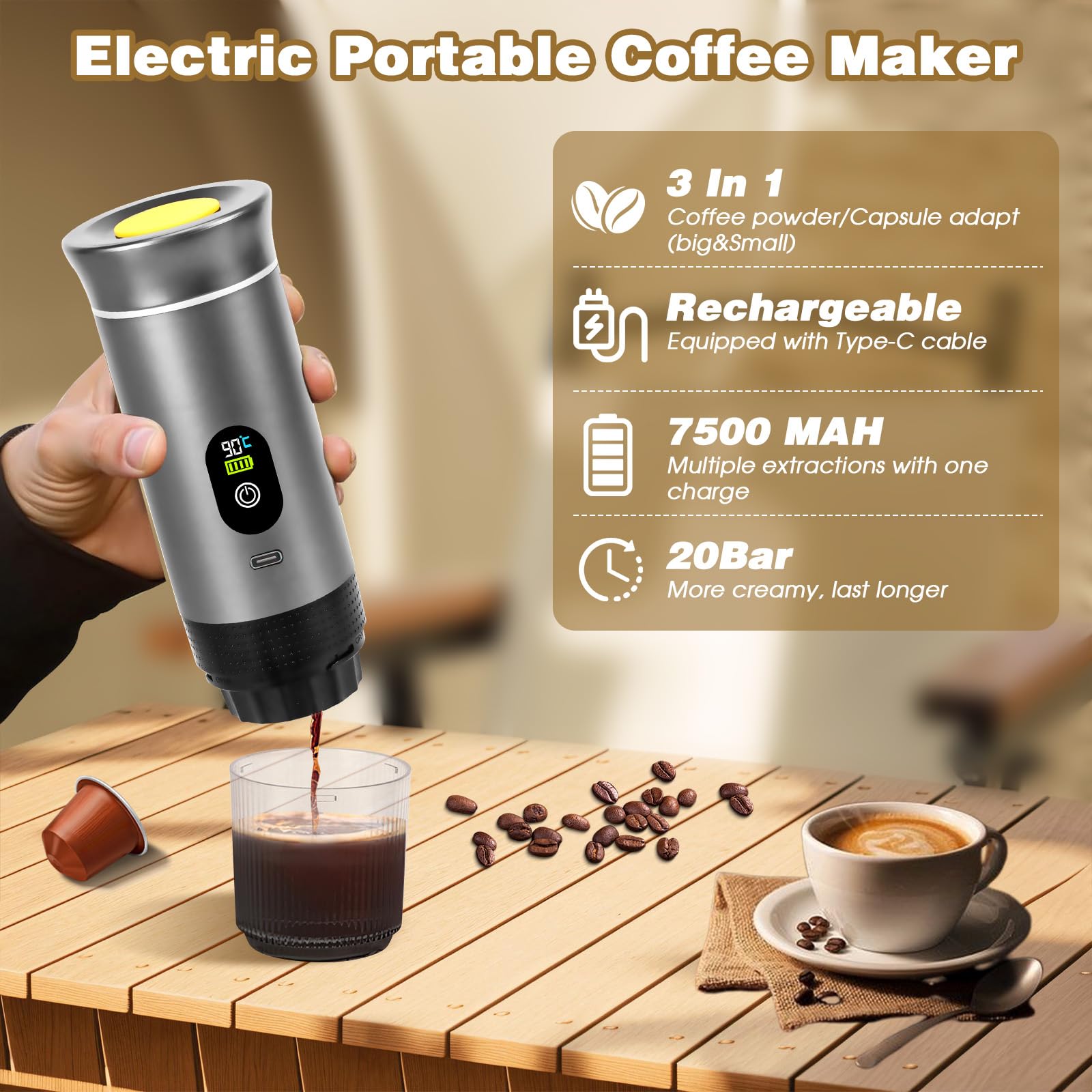 Tragbare Kaffeemaschine mit Akku für Reise,Akku Kaffeemaschine,3 in 1 kaffeemaschine,kaffeemaschine Reise,Portable Coffee Maker,Portable Espresso Machine,Für Familien,Reisende