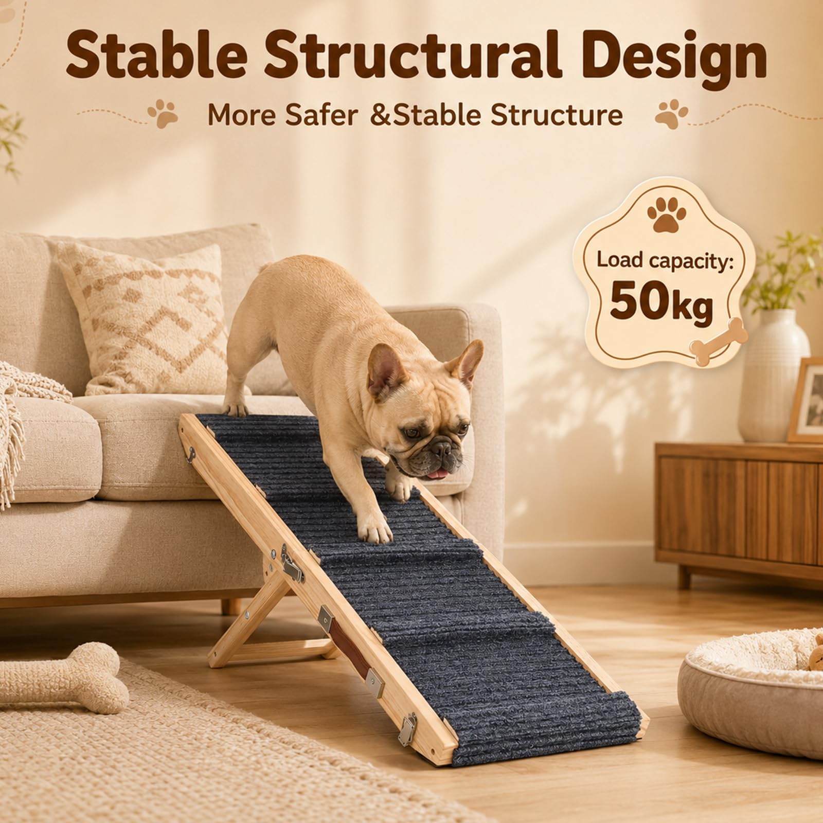 Rampe Chien en Bois, 84cm Rampe Pliable pour Chien avec 4 Hauteurs Réglable | Escalier portable lits avec revêtement antidérapant Rampe animaux pour chiens petite à moyenne taille jusqu'à 50kg