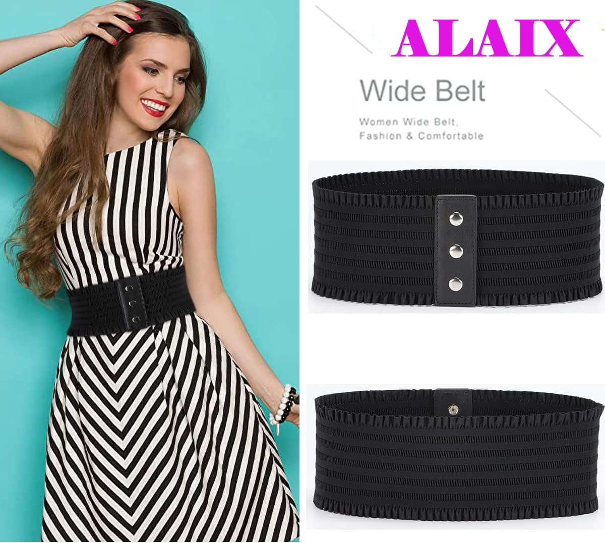 ALAIX Women's Wide Belt Stretchy Dress Belts Elastic Snap-Button Corset Belts for Women Waist Belt Waistband - Image 2