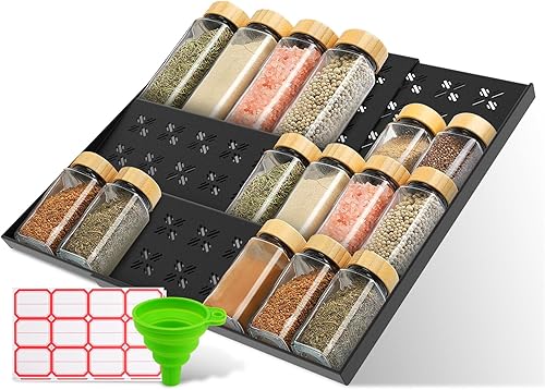 Idcymoul Spice Drawer Organizer 3-Tier Expandable (11"-22" Wide), Spice Rack for Cabinet with Funnel & Spice Labels, Fits Large Jars, Seasoning Storage Insert Design for Cabinet & Drawer (Black)