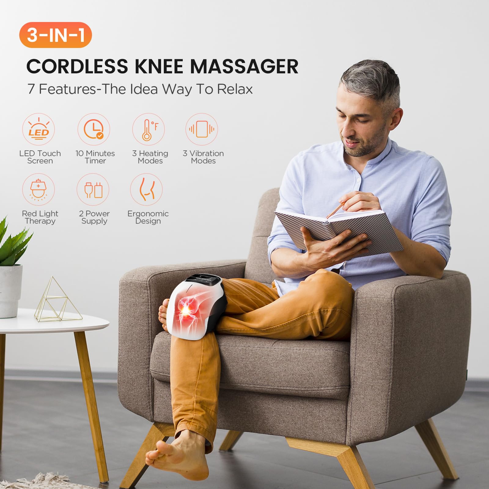 Red Light and Massage Therapy, 3-in-1 Smart Knee Massager, 3 Vibration Modes and 3 Heating Levels, LED Vitality Joints Knee Massager, 48CM Strap (Fits 15