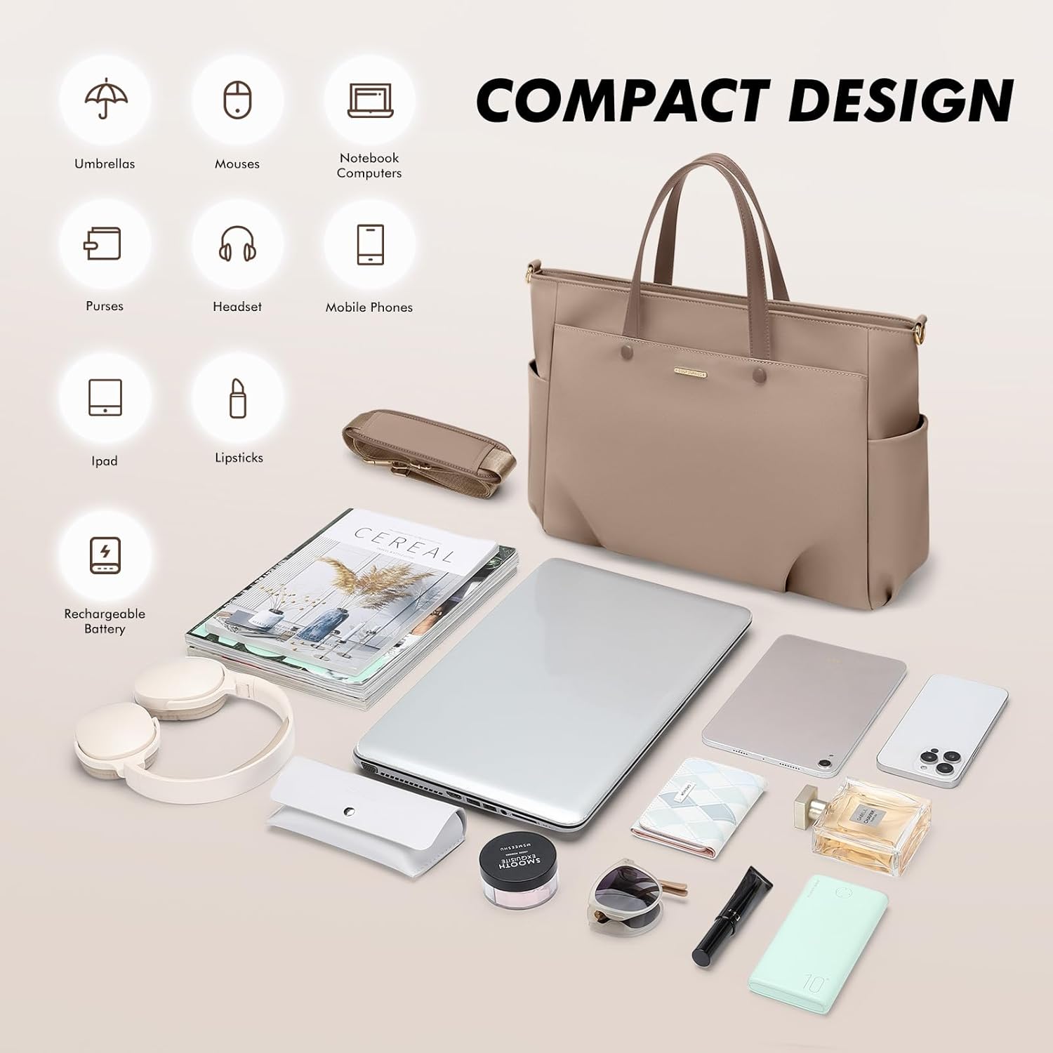 Laptop Tote Bag 15.6 Inch, Computer Shoulder Bag Large Work Tote Bag for Women, Laptop Carrying Case Stylish Handbag for Business Travel (Champagne) - Image 6