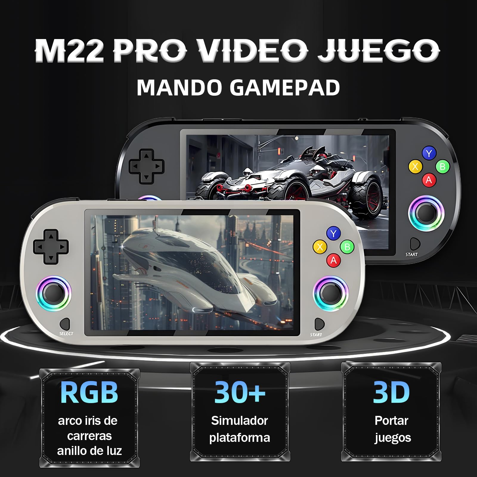 M22 Pro Consola portátil retro con más de 30000 juegos,más de 30 emuladores,pantalla IPS RGB de 5 pulgadas con 16 millones de colores,Un mandos inalámbricos de 2,4 GHz y sistema EmuELEC(Negro 128G