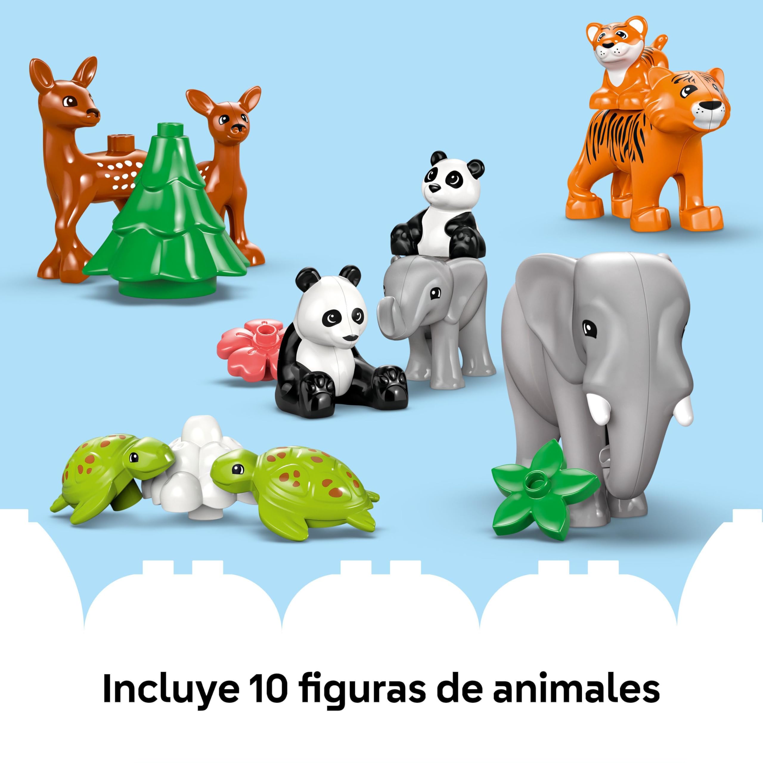 LEGO Duplo Familias de la Fauna Salvaje “3 en 1” - Juego Educativo para Niños y Niñas de 2+ Años - Figuras de Animales de Juguete Inc. Elefantes, Tortugas, Tigres, Ciervos y Pandas con Hábitats 10446
