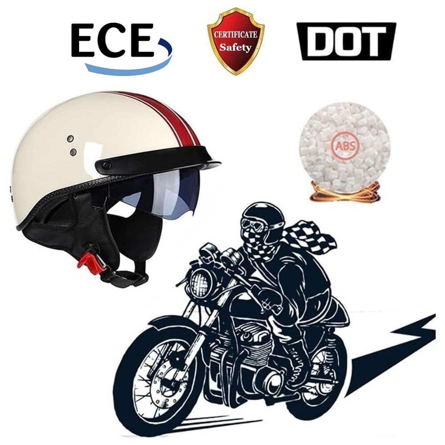 Kask motocyklowy w stylu niemieckim, retro, retro, półotwarty, kask motocyklowy z homologacją ECE, z osłoną przeciwsłoneczną i wyjmowanym wnętrzem, dla dorosłych mężczyzn, kobiet(4,XL(61-62cm))