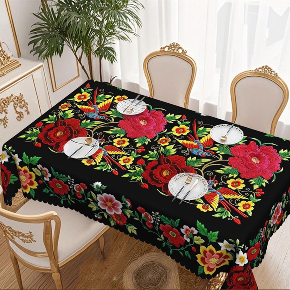 Mexican Floral Tablecloth for Dining Table, Rectangle and Round Size with Scalloped Edge, Vibrant Colorful Folk Art Pattern Table Cover (Rectangle 140 x 180 cm)