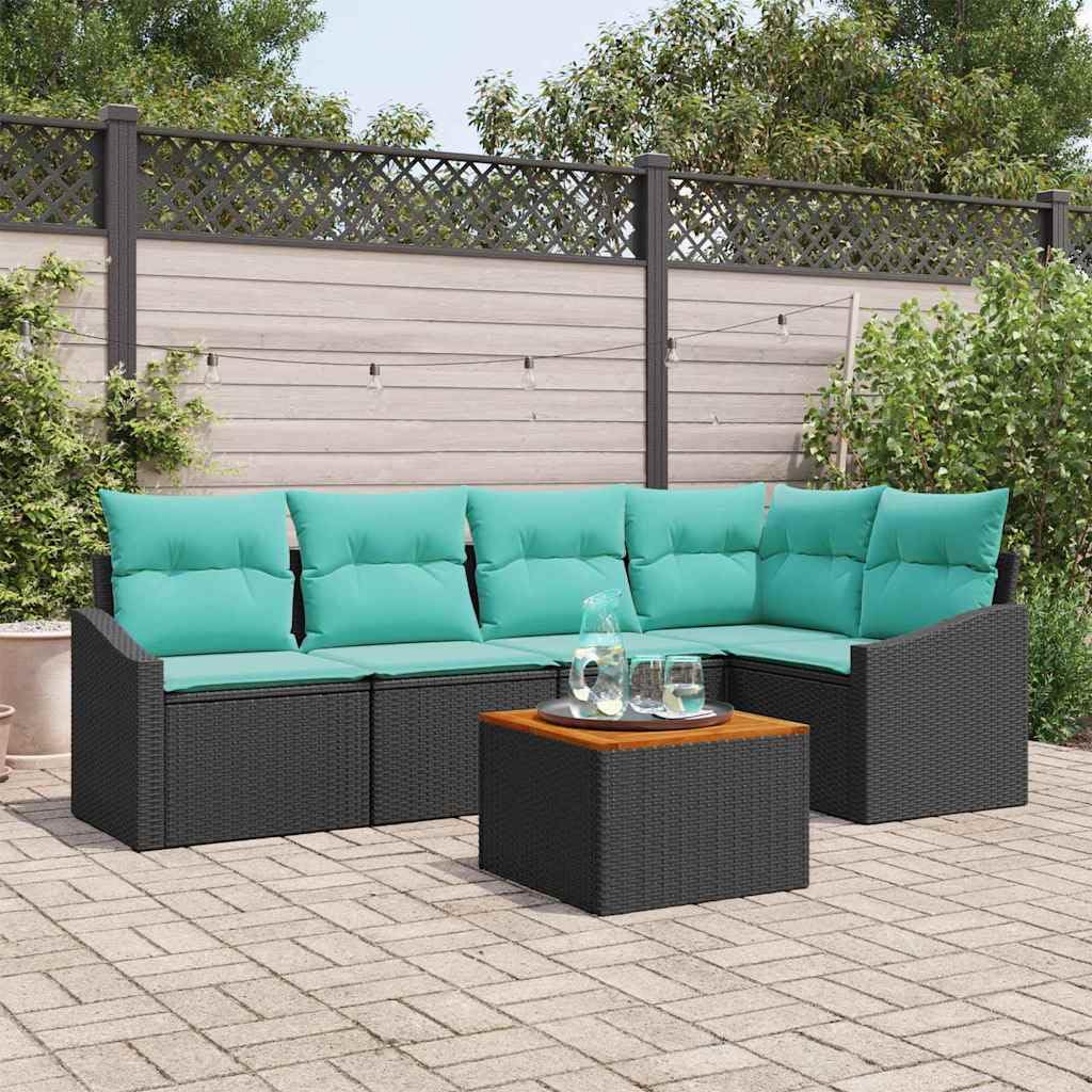 Ensemble de Canapé de Jardin 6 Pièces en Résine Tressée Noire, Salon de Jardin Modulable avec Table en Bois d'Acacia et Coussins Confortables pour Terrasse et Patio, 5 Places