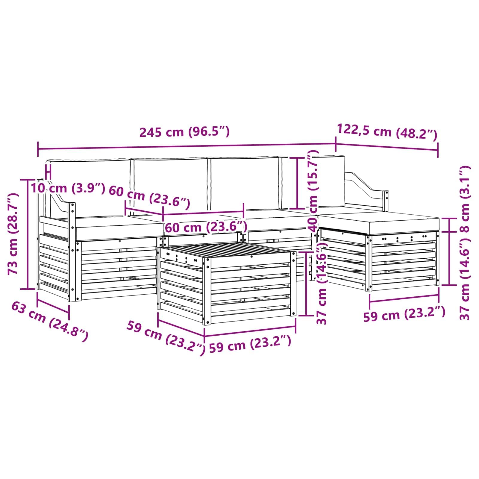 Outdoor-Gartenmöbelset mit 6 Kissen aus massivem Akazienholz wetterfestes Design für Terrasse, Balkon und Garten, inklusive Tisch, Sofas, Hocker, Armlehnen und Sitzkissen