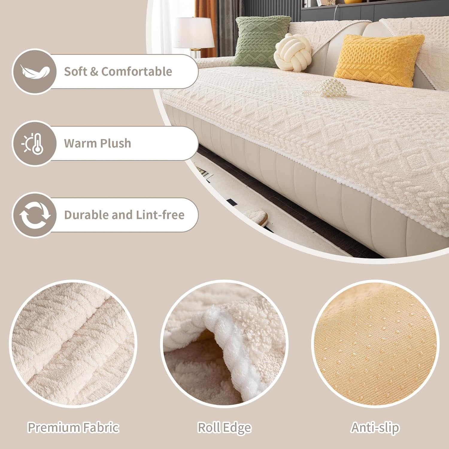 Geometric Jacquard Plush Warm Sofa Couch Cover, Soft Funny Fuzzy Couch Covers, Non Slip Sectional Sofa Slipcover, Cozy Washable Furniture Protector for Kids, Pets (Beige White, 36"x 36") - Image 2