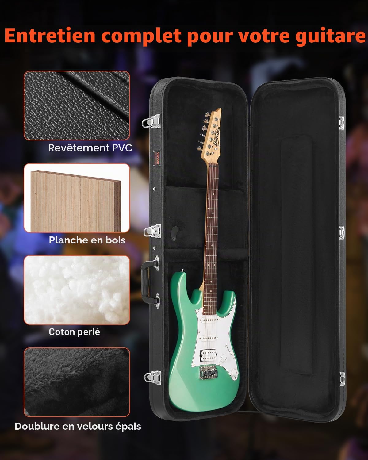 VEVOR Étui Guitare Électrique Rigide Rectangulaire 1095 mm avec Verrouillage Clés, Poignée, Rembourrage en PVC, Doublure Souple, Résistants à l'eau, pour Guitares Électriques de 39 po 99 cm, Noir