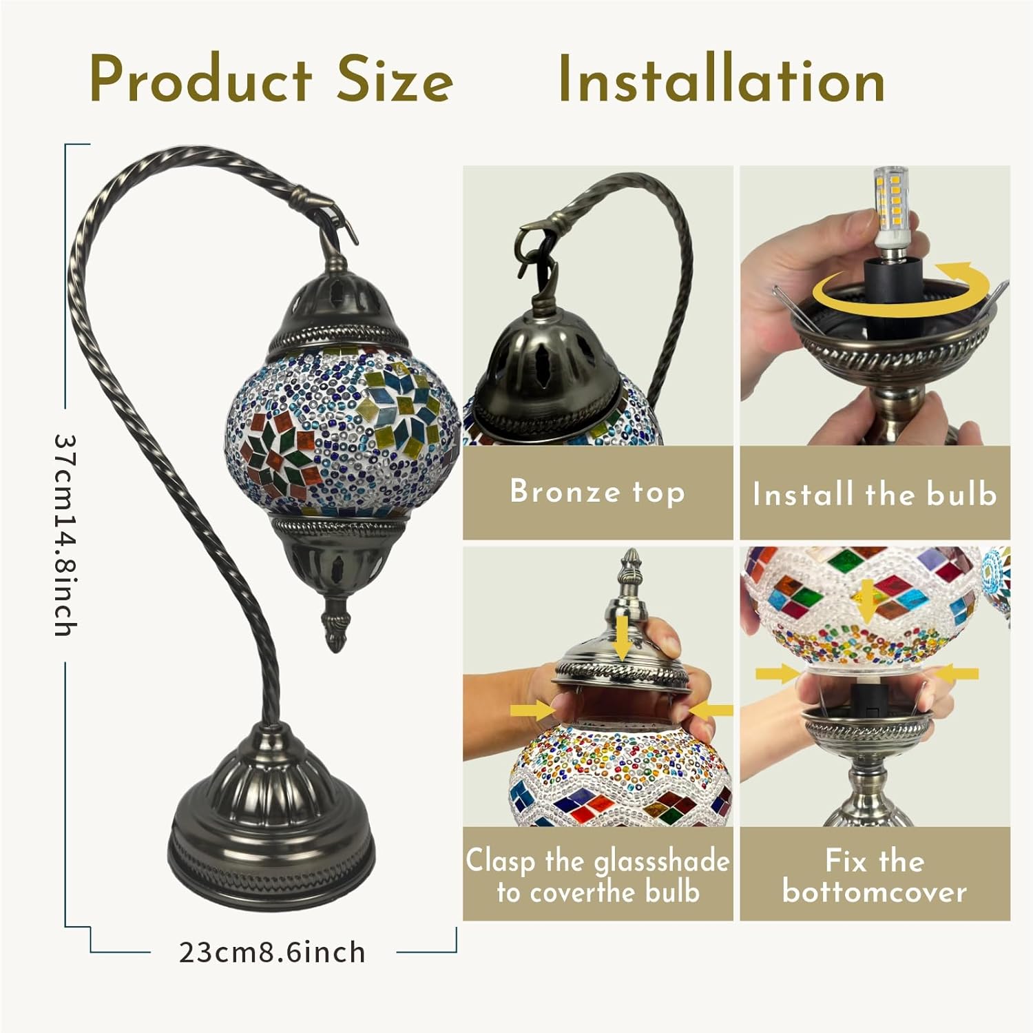 Vintage Turkish Lamp Stained Glass Table Lamp, Handmade Turkish Moroccan Mosaic Lamp with Bronze Swan Neck Base, LED Bulb Included, Bedside Decor for Bedroom