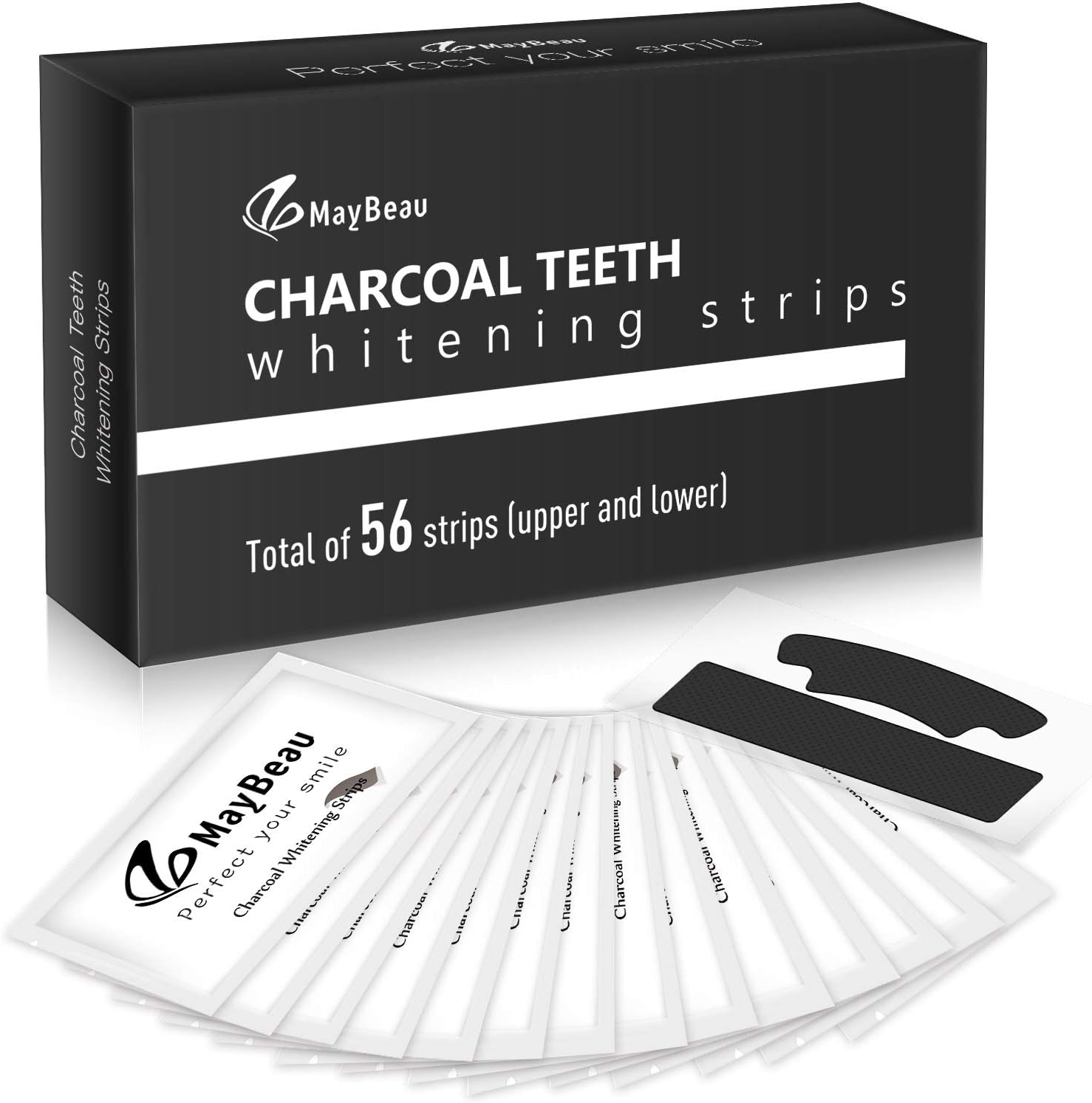Teeth Whitening Strips,MayBeau 56pcs Professional Teeth Whitener Kit with Activated Carbon,Fast Results & Non Peroxide,Black Strips with Mint Flavor,Refresh Breath & Removes Stains