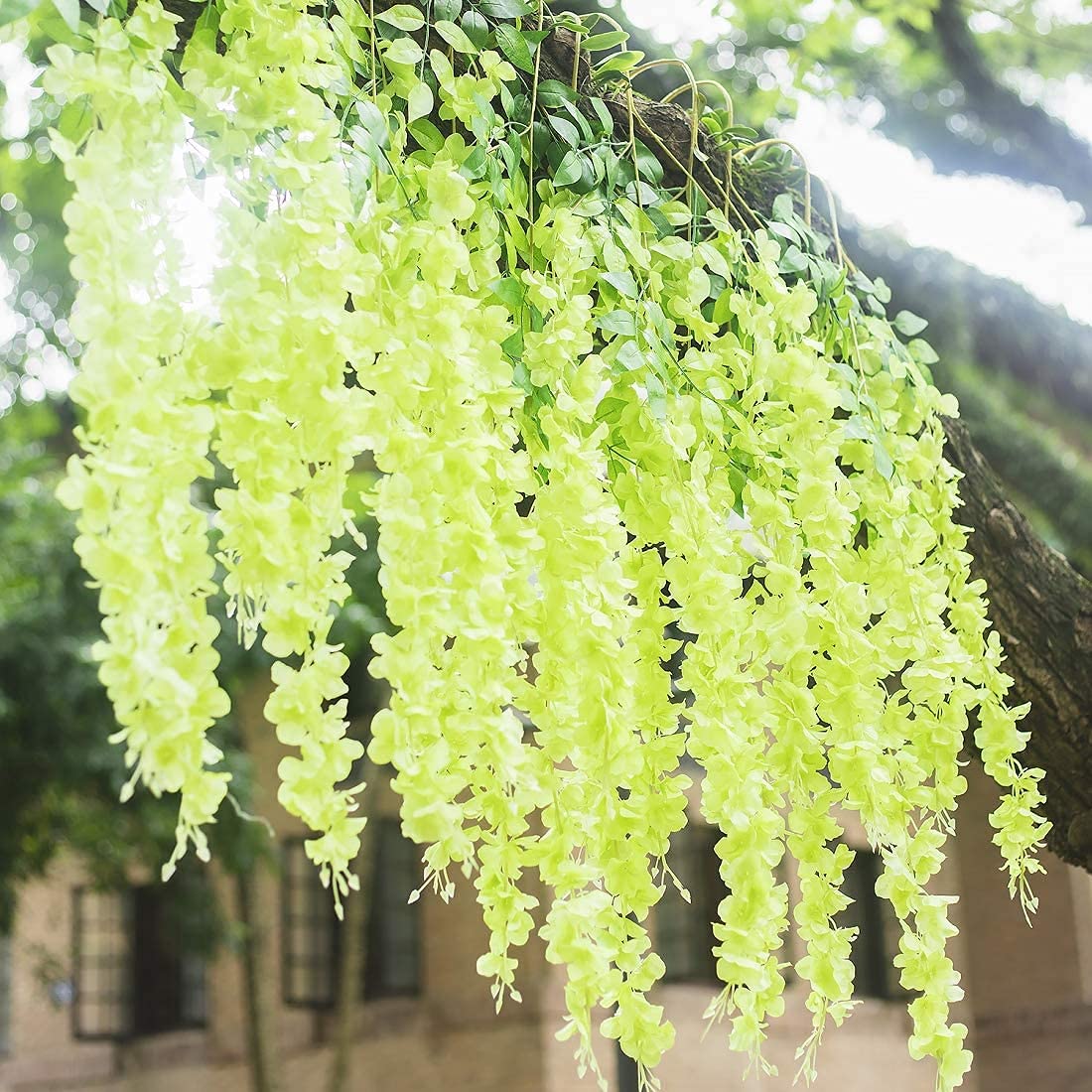 SZJH 12pcs 3.6 Feet/Piece Artificial Fake Wisteria Vine Ratta Hanging Garland Silk Flowers String Home Party Wedding Decor (Green) - Image 4