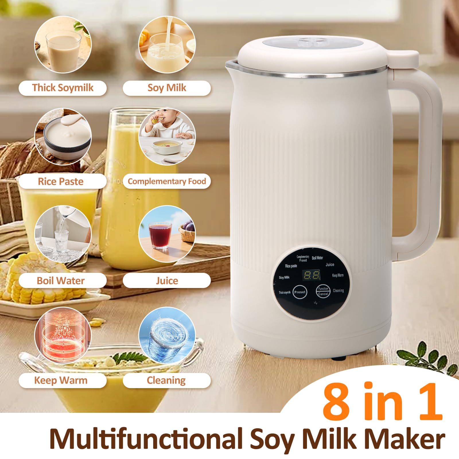 Sojamilch Hersteller 1200ml, Nussmilch Maschine mit 8 Modi, Entsafter Sojamilch Maschine mit 10 Klingen, Automatische Hafermilch Maschine mit Reinigungsfunktion/Verzögerungsstart/Warmhalten