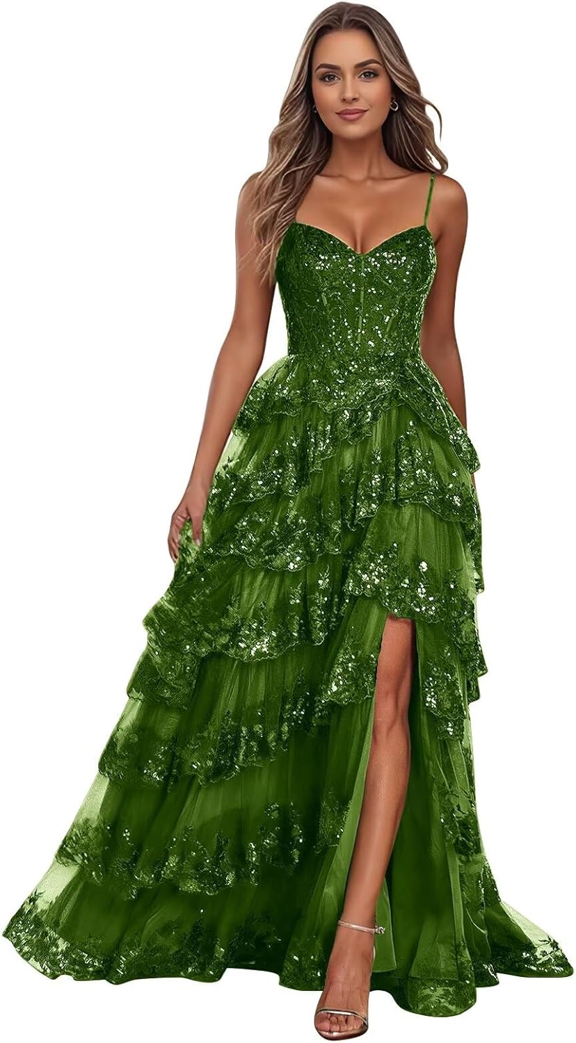 Sparkly Tiered Lace Prom Dress for Women Spaghetti Satraps Evening Party Dress with Slit