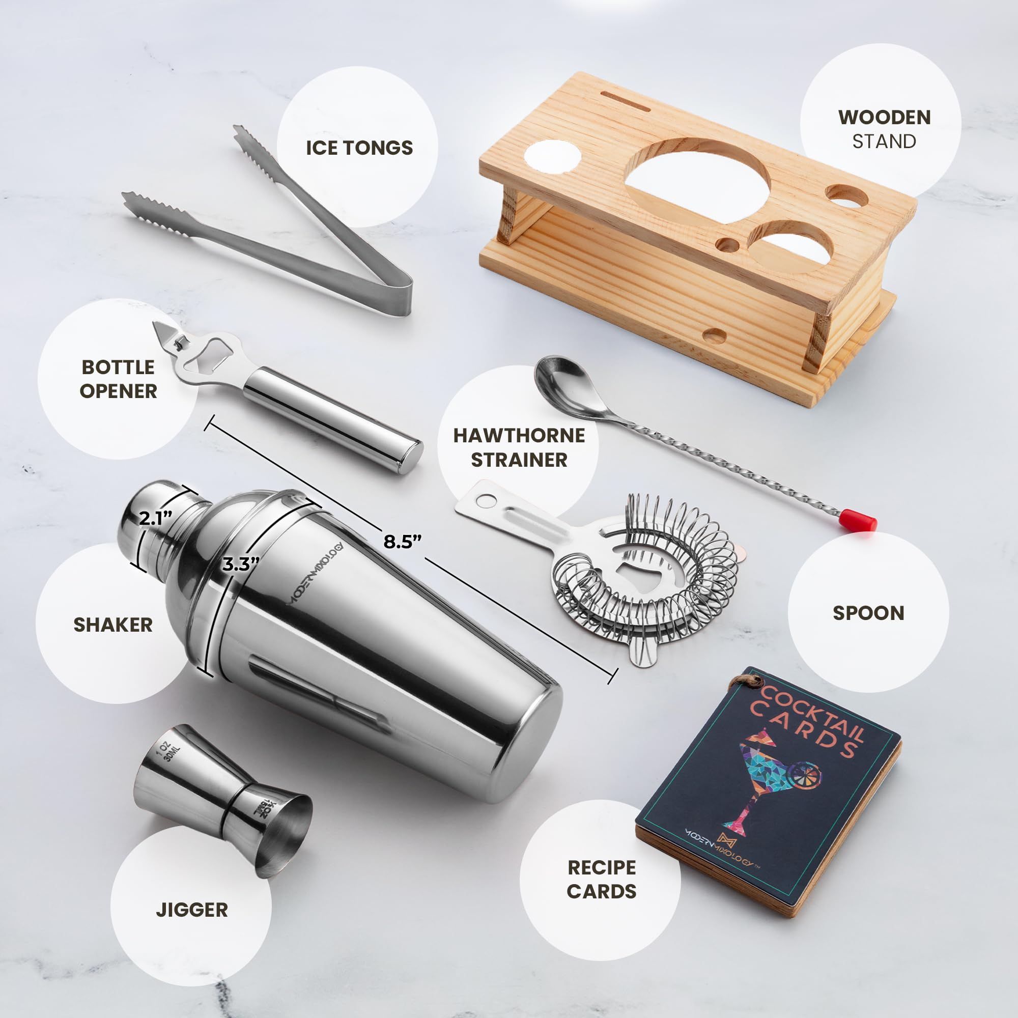 Modern Mixology Juego de coctelera – Kit de barman con soporte de pino | Diseño a prueba de fugas | Incluye coctelera de martini, medidor, colador, cuchara, pinzas | Herramientas de bar perfectas para