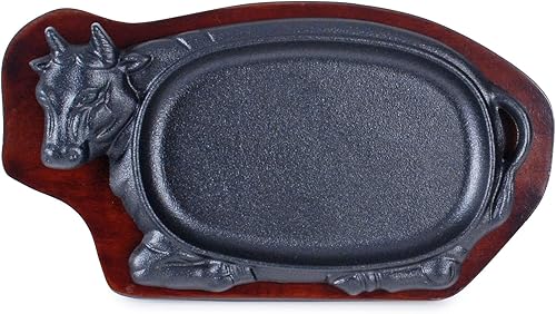 Miniatura 2 de Plato de carne de hierro fundido con base de madera, parrilla de servidor de fajita, uso doméstico o suministro de restaurante (forma de vaca, 10.5