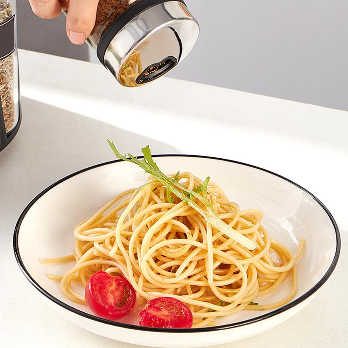 Juego de 5 saleros y pimenteros de vidrio para condimentos, con soporte organizador giratorio de 360 grados, estante de especias, organizador de condimentos para encimera de cocina (200 ml)