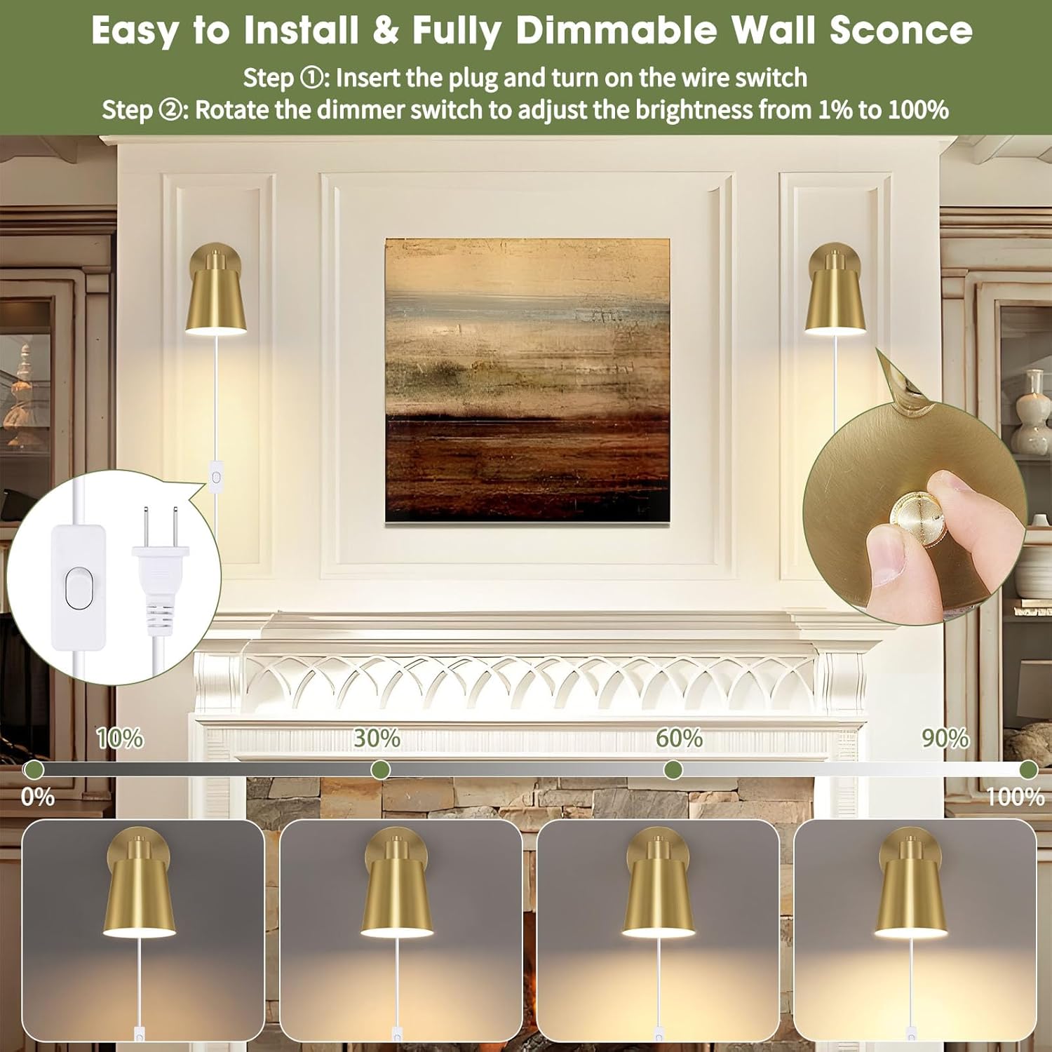 Lomoky Dimmable Wall Sconces Plug in, Adjustable Angle Wall Lamps with Plug in Cord and Dimmer On/Off Knob Switch, Gold Wall Light with Metal Shade for Bedroom Bedside Doorway (2 Bulbs Included)