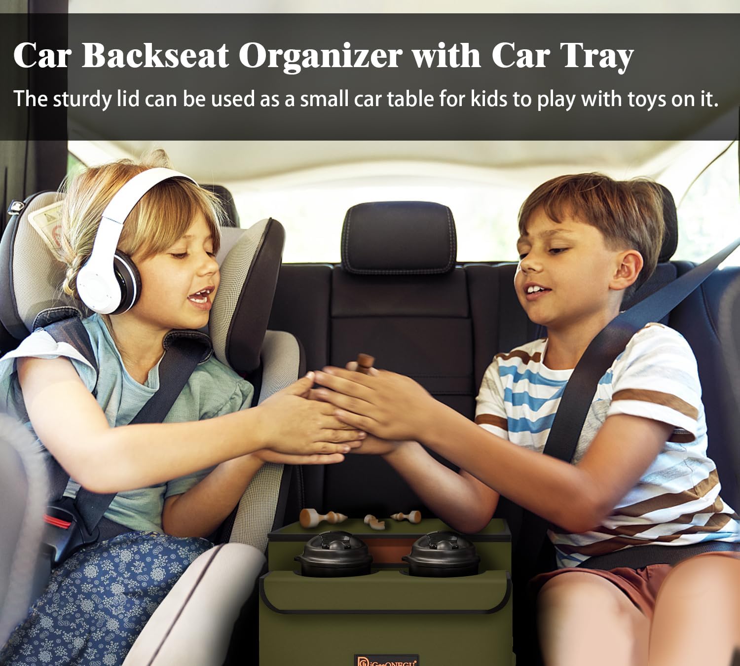 Car Seat Organizer-Car Organizers and Storage with Cooler Compartment, Car Organizer Front Back Seat for Kids, Car Storage Organizer with Lid Cup Holder Tissue Holder for Road Trips (Olive Green)