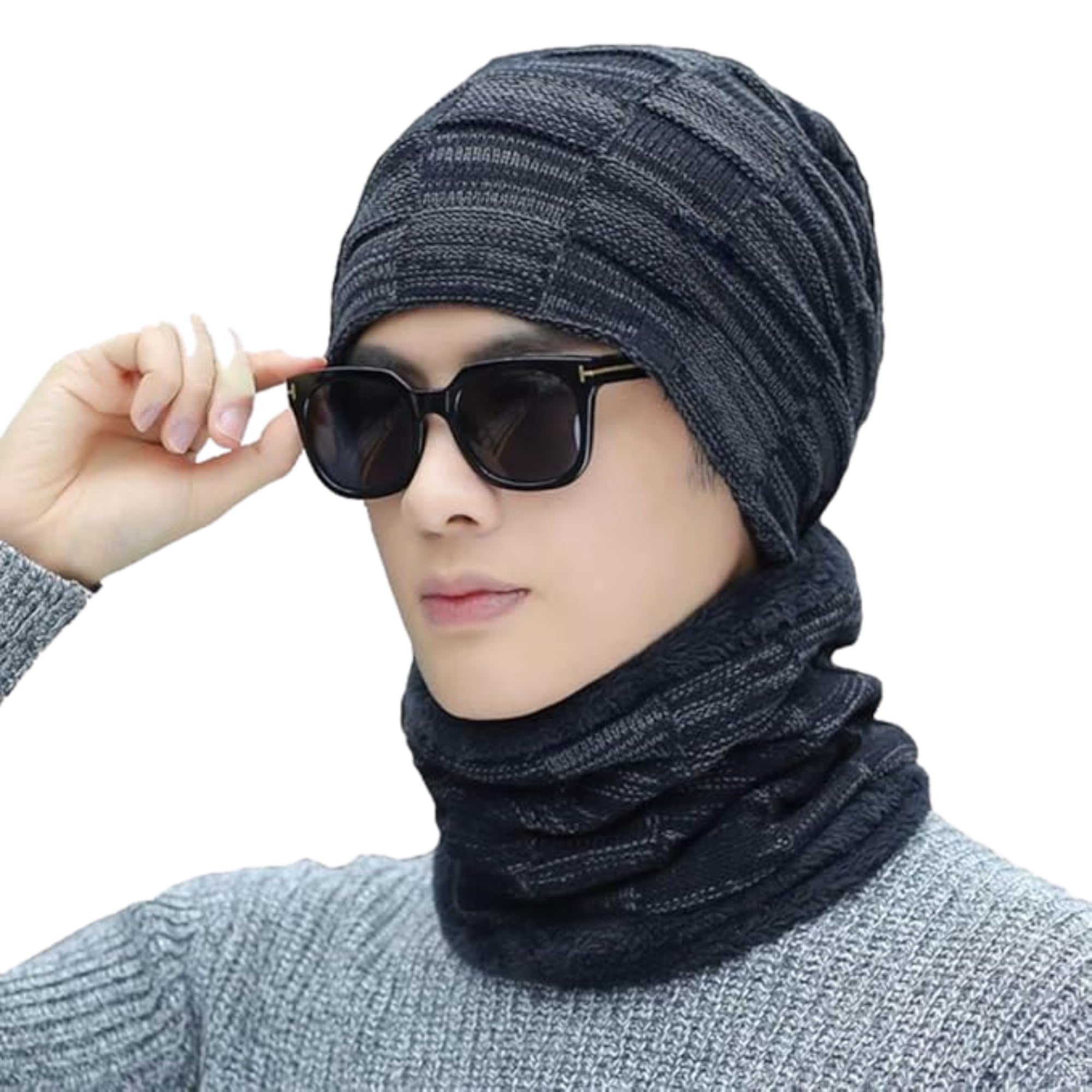 ( 3 Years Warranty Knitted Winter Beanie Cap Muffler & Face Cover Set for Men & Women, Soft Stretchable Woolen Winter Accessories, Warm Cold Weather Outdoor Wear, Free Size Multicolour-image-32