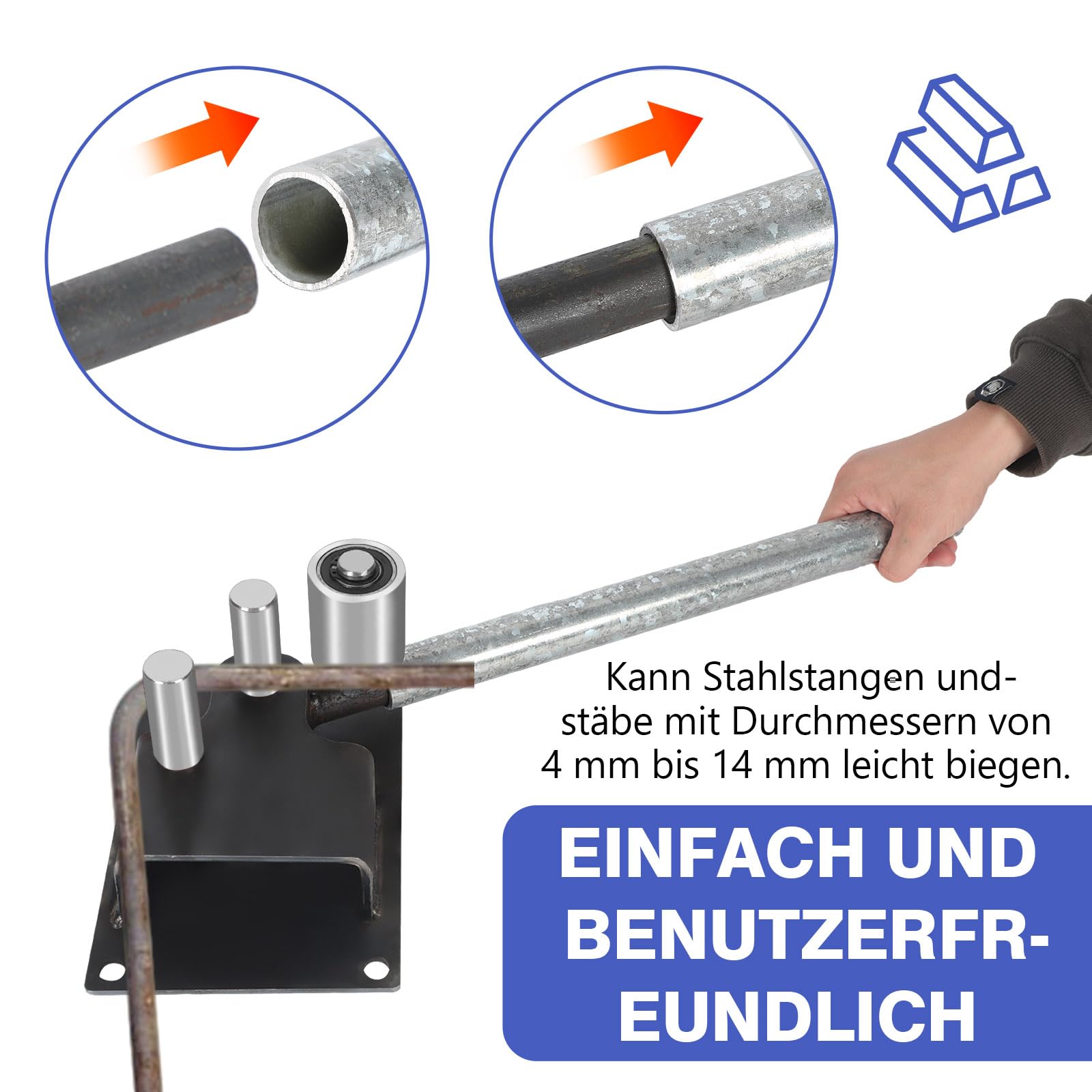 Barra de acero dobladora de tubos de 4 – 14 mm de diámetro, doblador manual con mango, barra de metal, herramienta de flexión para barras de refuerzo, herramienta de flexión para bricolaje y